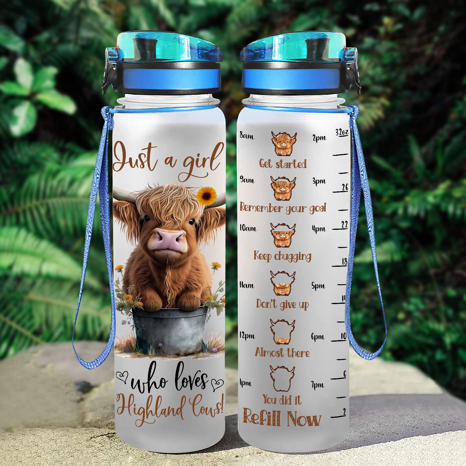 Highland Cow Gifts, Highland Cow Water Bottle 32 Oz With Time Marker, Just A Girl Who Loves Cow Tumbler, Cow Gifts For Cow Lover