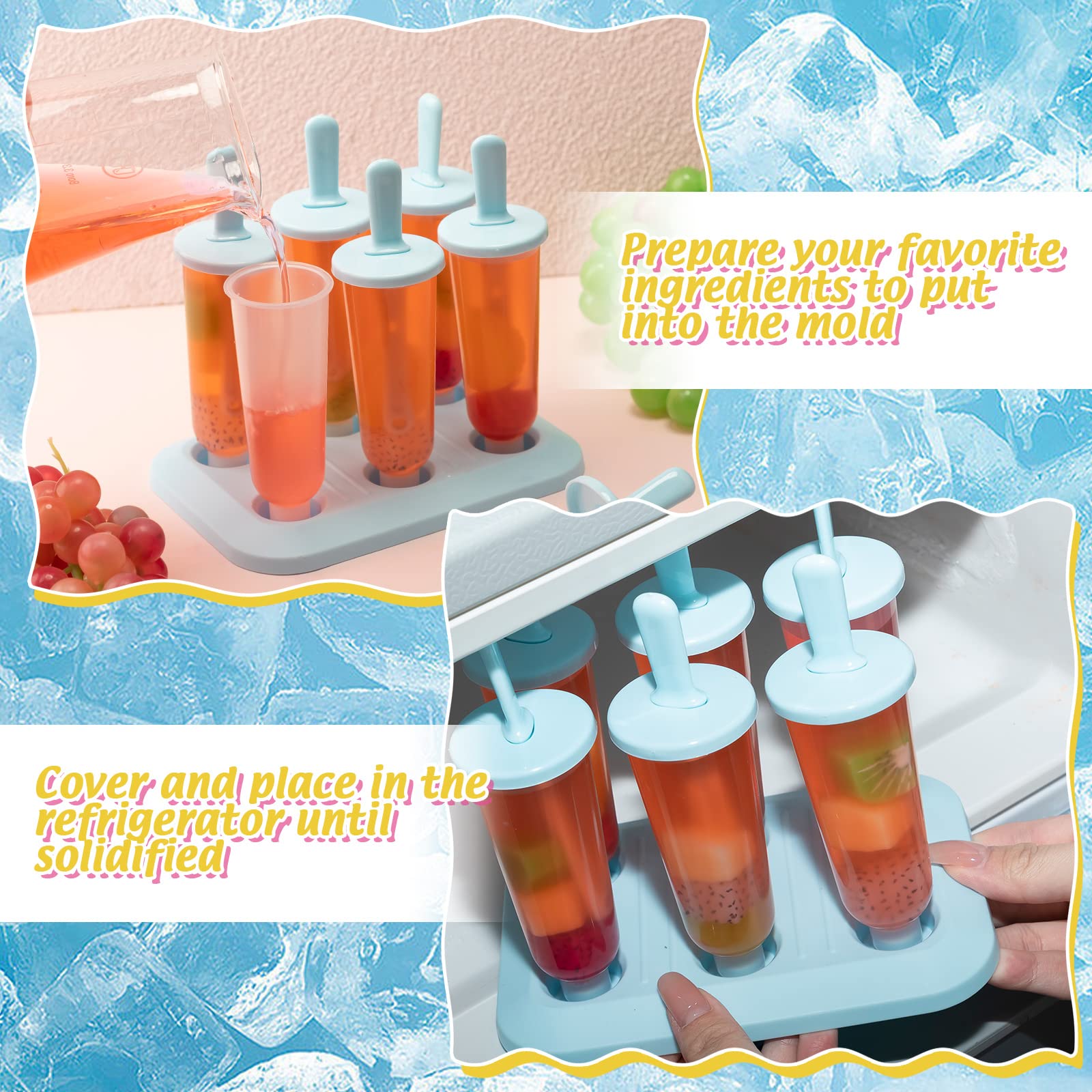 Bokon 6 Sets 36 Pcs Ice Cream Mold, Bpa Free Kids Food Grade Reusable Plastic Ice Cream Tray Holder With Sticks, Easy Release Ic