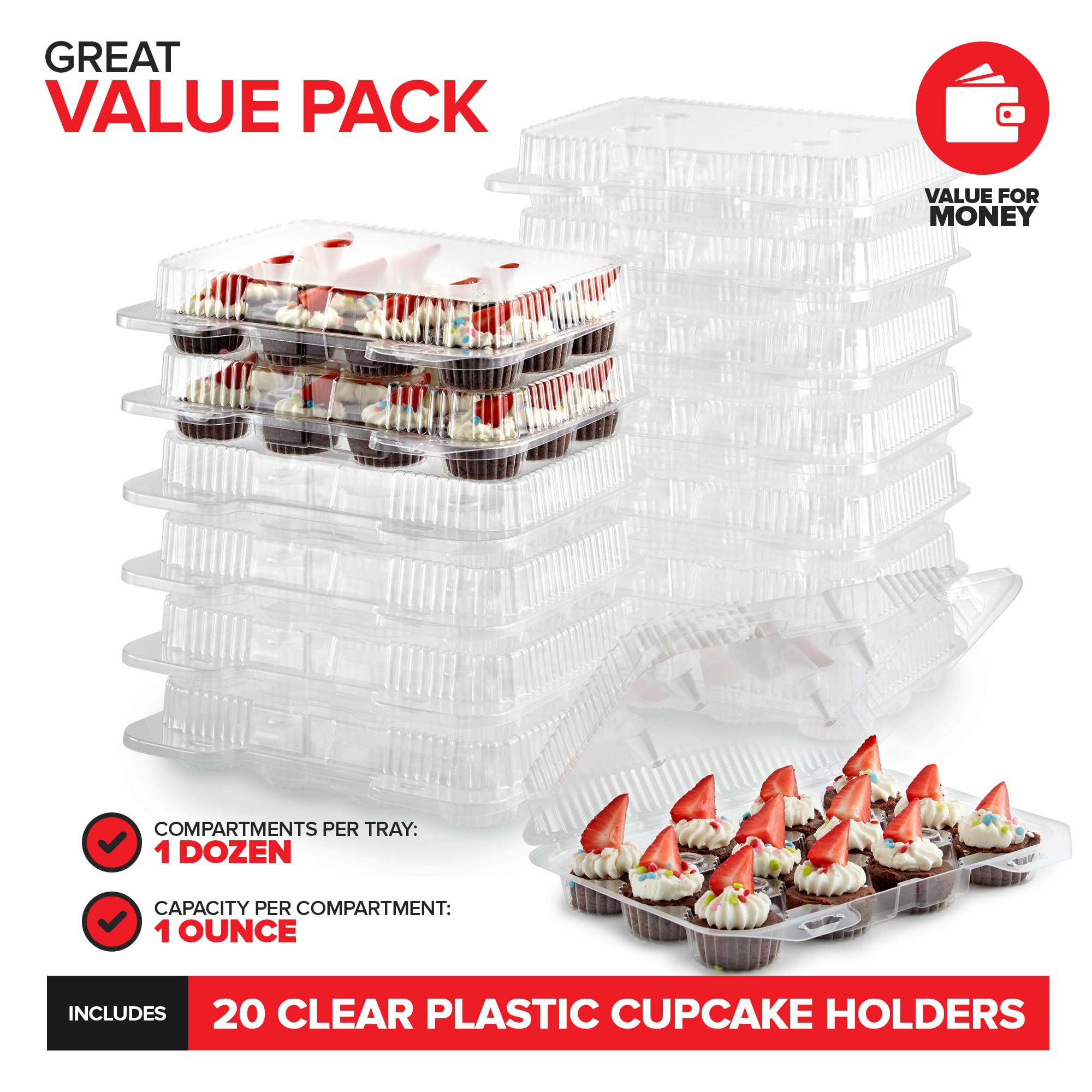 Stock Your Home Mini Disposable Plastic Cupcake Containers (20 Pack) 12 - Count Tray Compartment, Small Or Mini Cupcakes Box/Hol