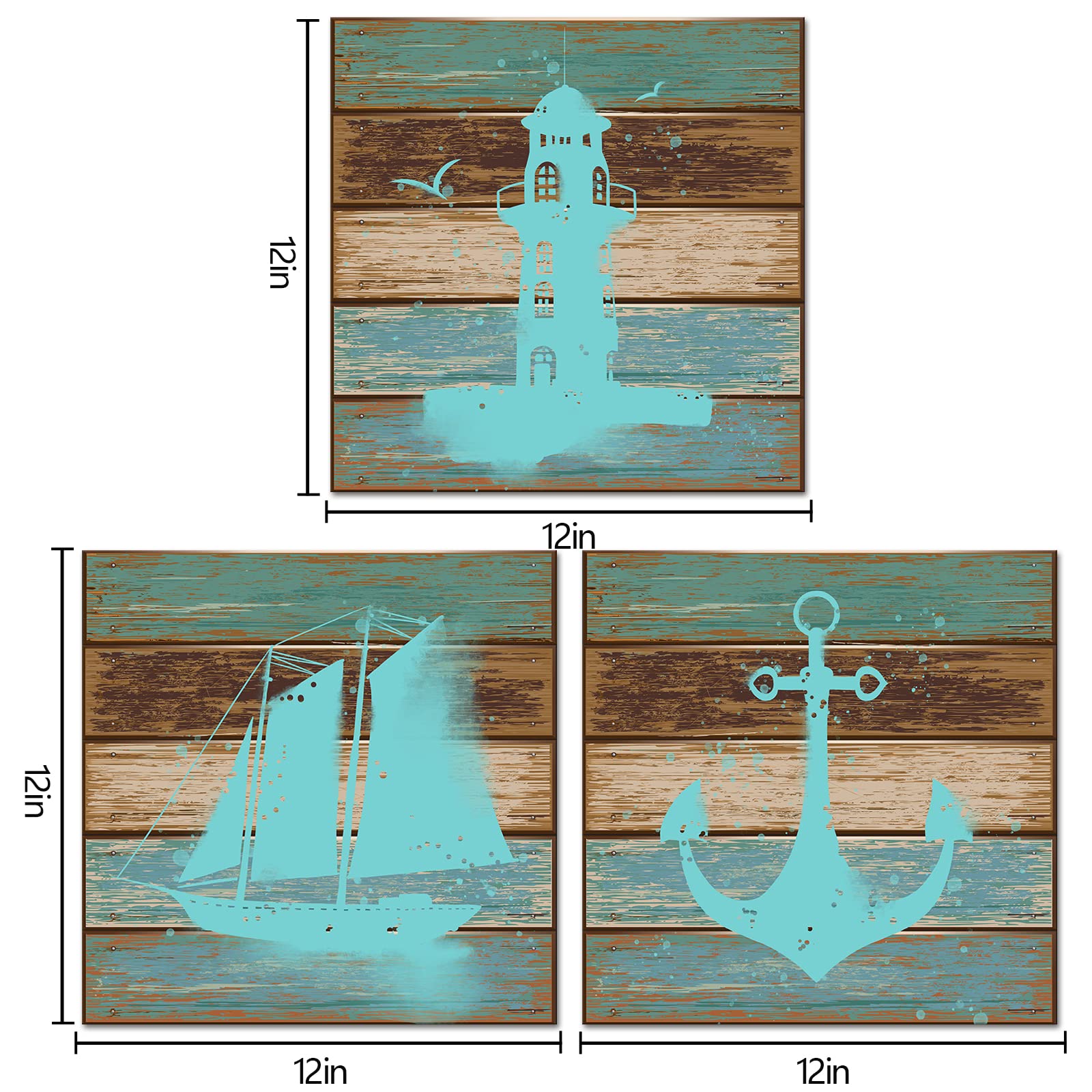Vvovv Wall Decor Nautical Wall Art Ocean Lighthouse Anchor Sailingboat Painting Teal Blue Canvas Art Print Wood Texture Print Ga