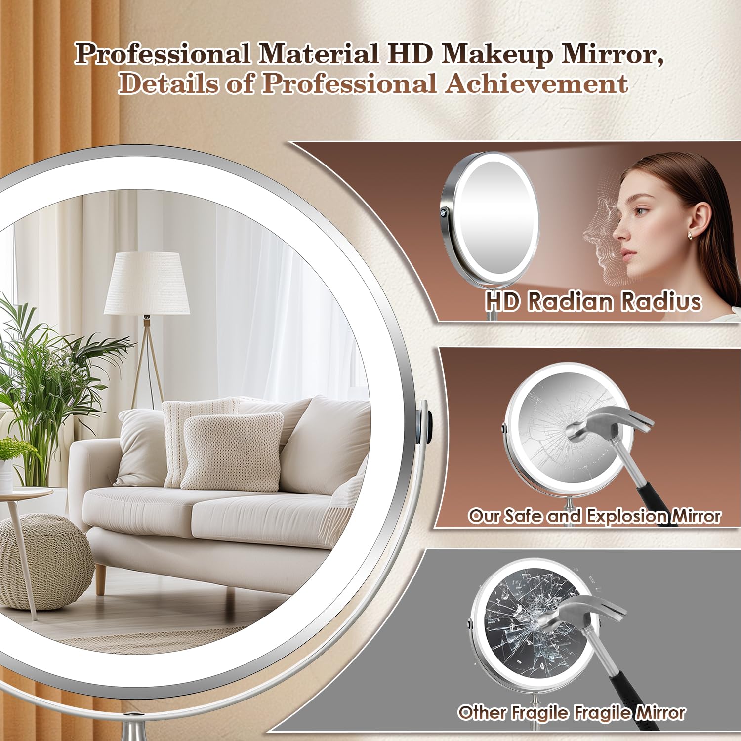 VESAUR 15X Magnifying Mirror with Light - 9.5" HD Double-Sided, Rechargeable, 360° Swivel, Pearl Nickel Finish, Model D912