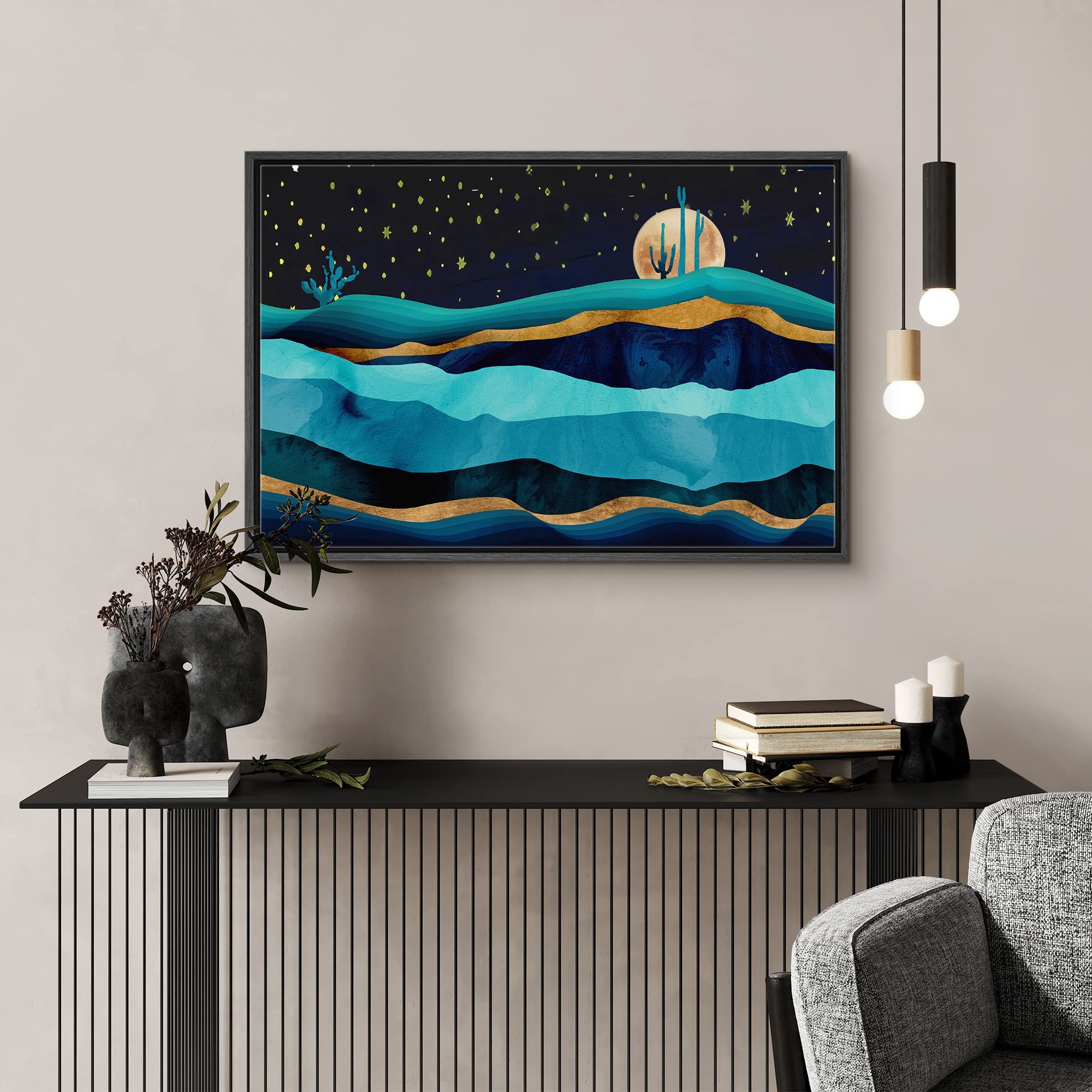Signford Framed Canvas Print Wall Art Gold Teal Moon Marble Mountain Range Nature Wilderness Illustrations Modern Art Rustic Zen