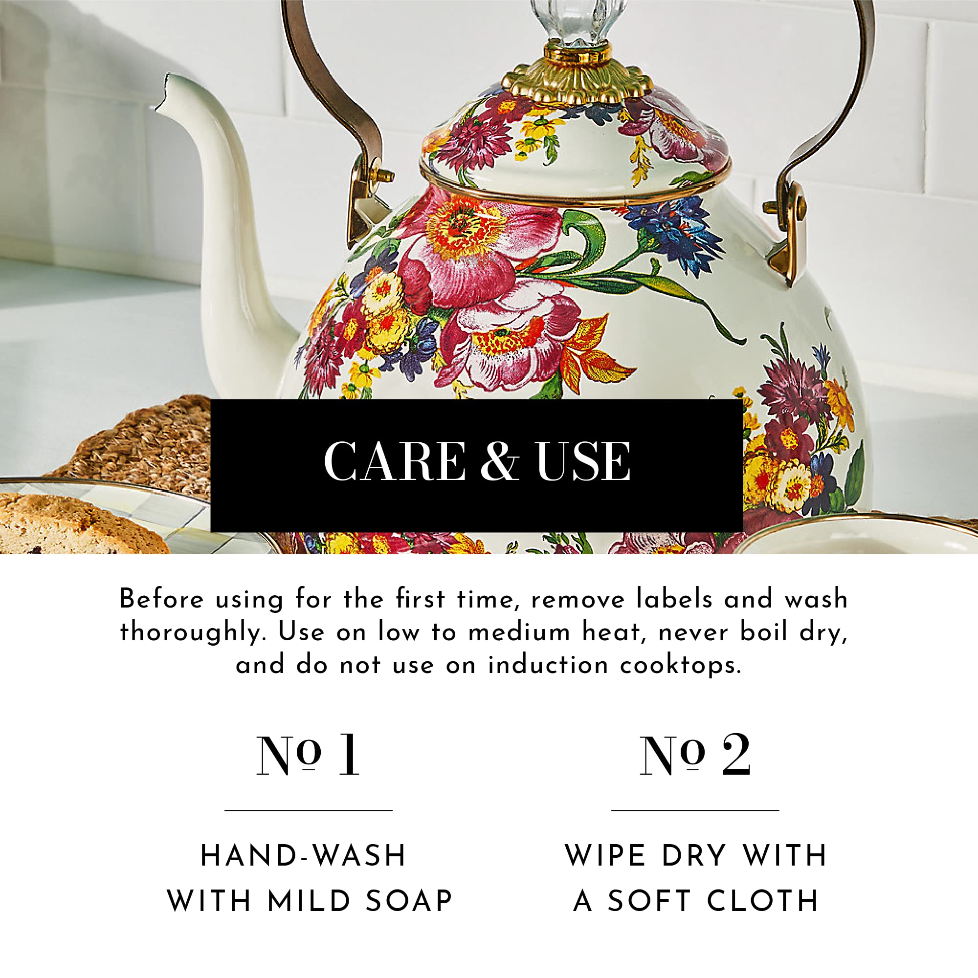 Mackenzie-Childs Flower Market Enamel Tea Kettle, Decorative Tea Kettle, 3-Quart Capacity, White