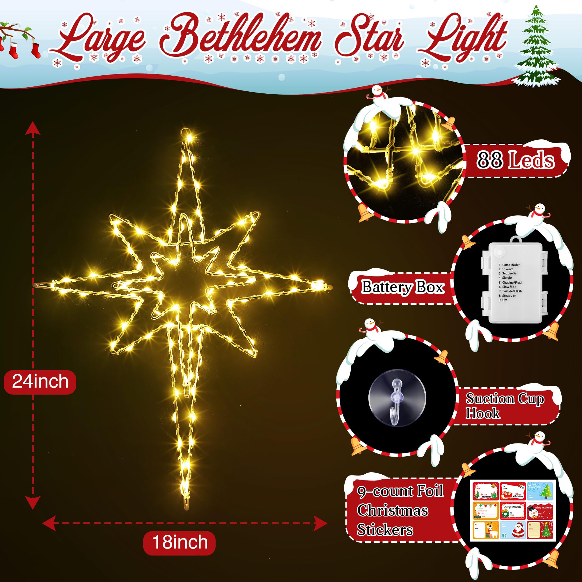 Hiboom 24 in Large Christmas Window Light Decorations 8 Mode Bethlehem Star Light Window Silhouette with Timer, Star of Bethlehe
