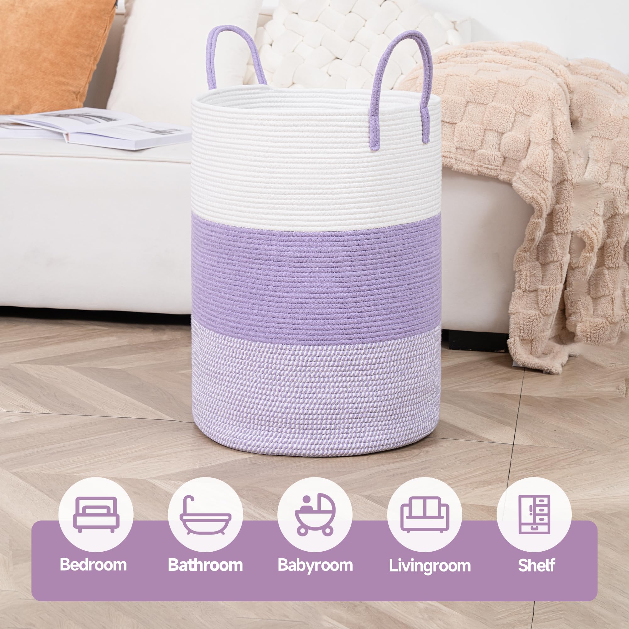 Clhmily&Z 80L Laundry Basket Round Storage Rope Basket - 16.5X22.5 Inches - Lavender Hamper In Bedreoom And Cute Storage Bin For