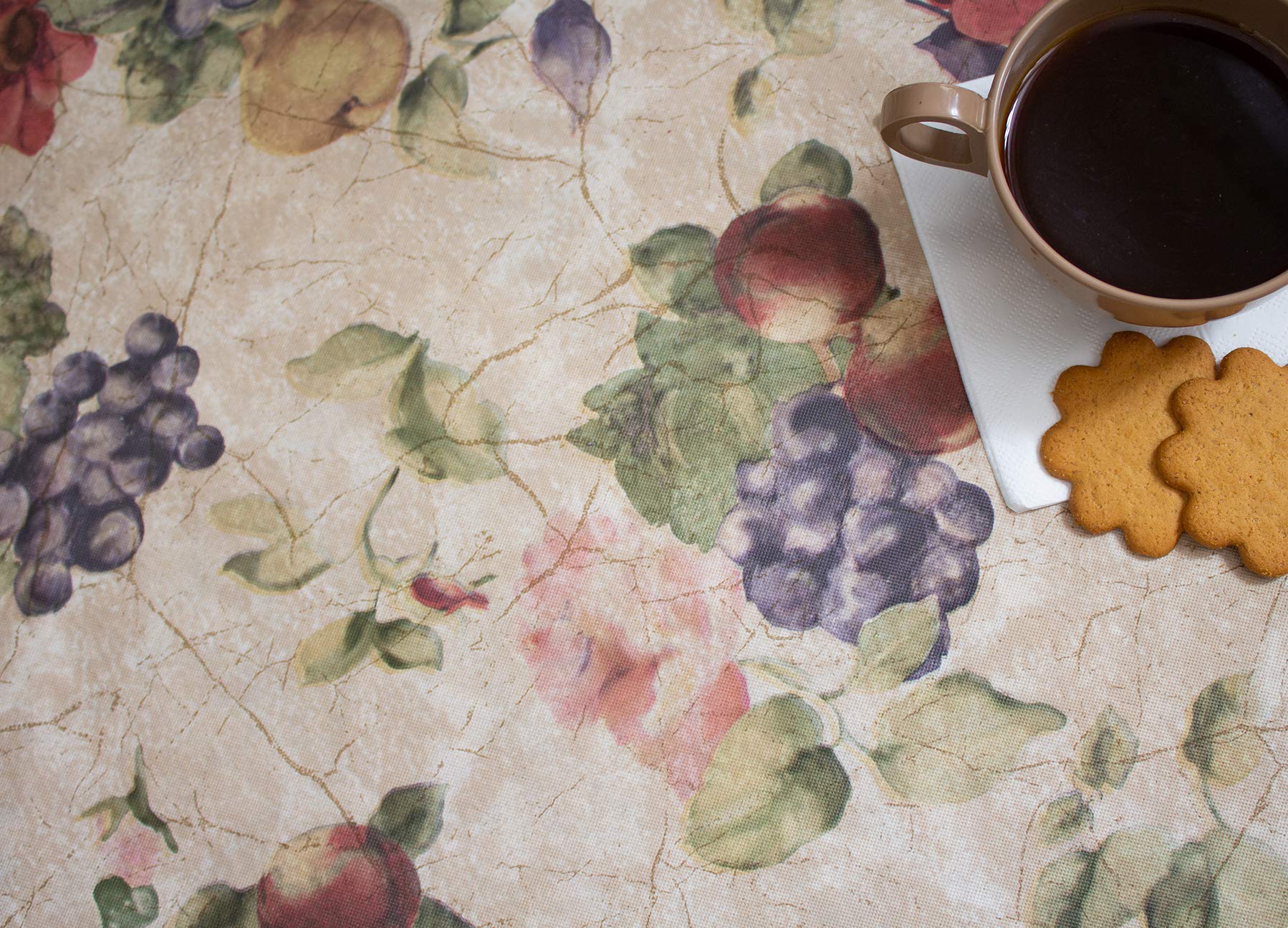 Covers For The Home Deluxe Elastic Edged Flannel Backed Vinyl Fitted Table Cover - Antique Fruit Pattern - Large Round - Fits Ta