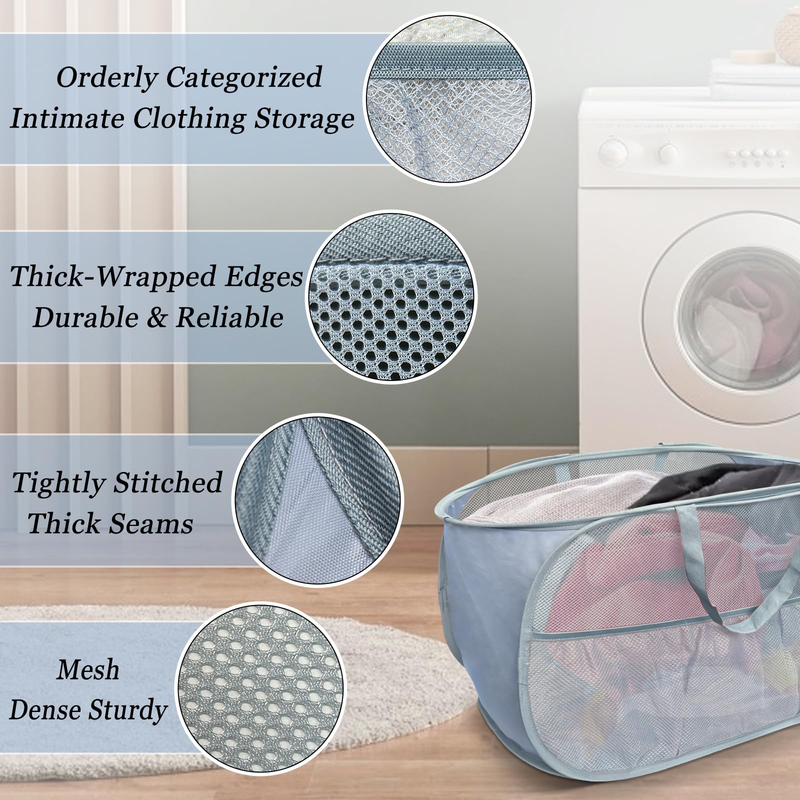 Collapsible Laundry Baskets 2 Pack, Mesh Pop Up Hamper With Handles, Portable Stair Basket, Dorm Or Room Folding Bin, Dirty Clot
