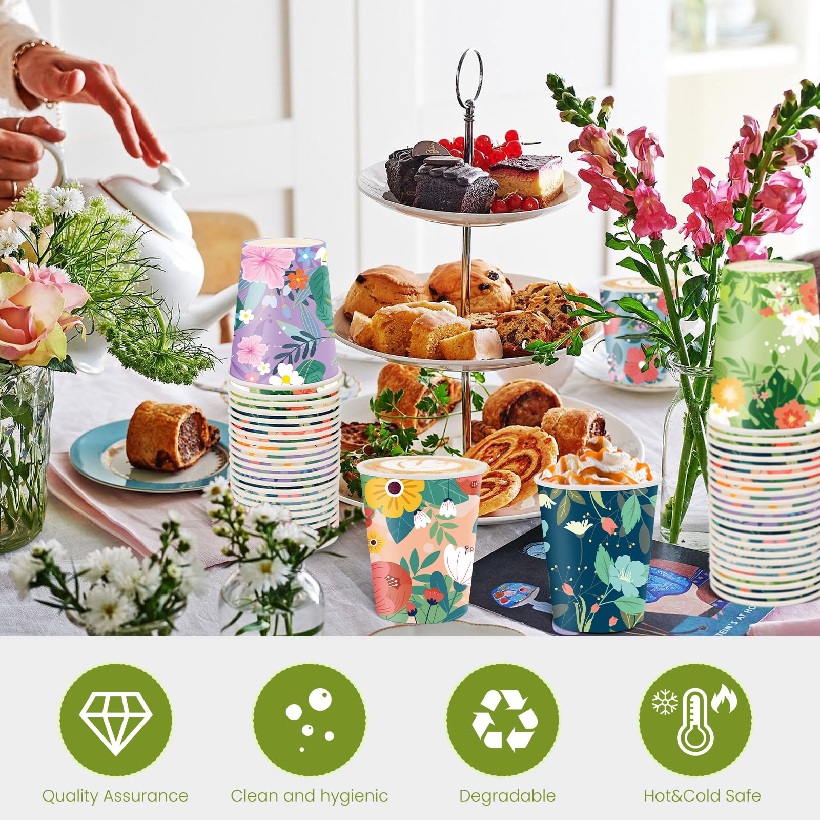 Disposable Paper Cup 9Oz 48 Pcs - 6 Unique Floral Designs Drinking Cup, Perfect For Spring Birthday Parties, Easter, Bridal Show
