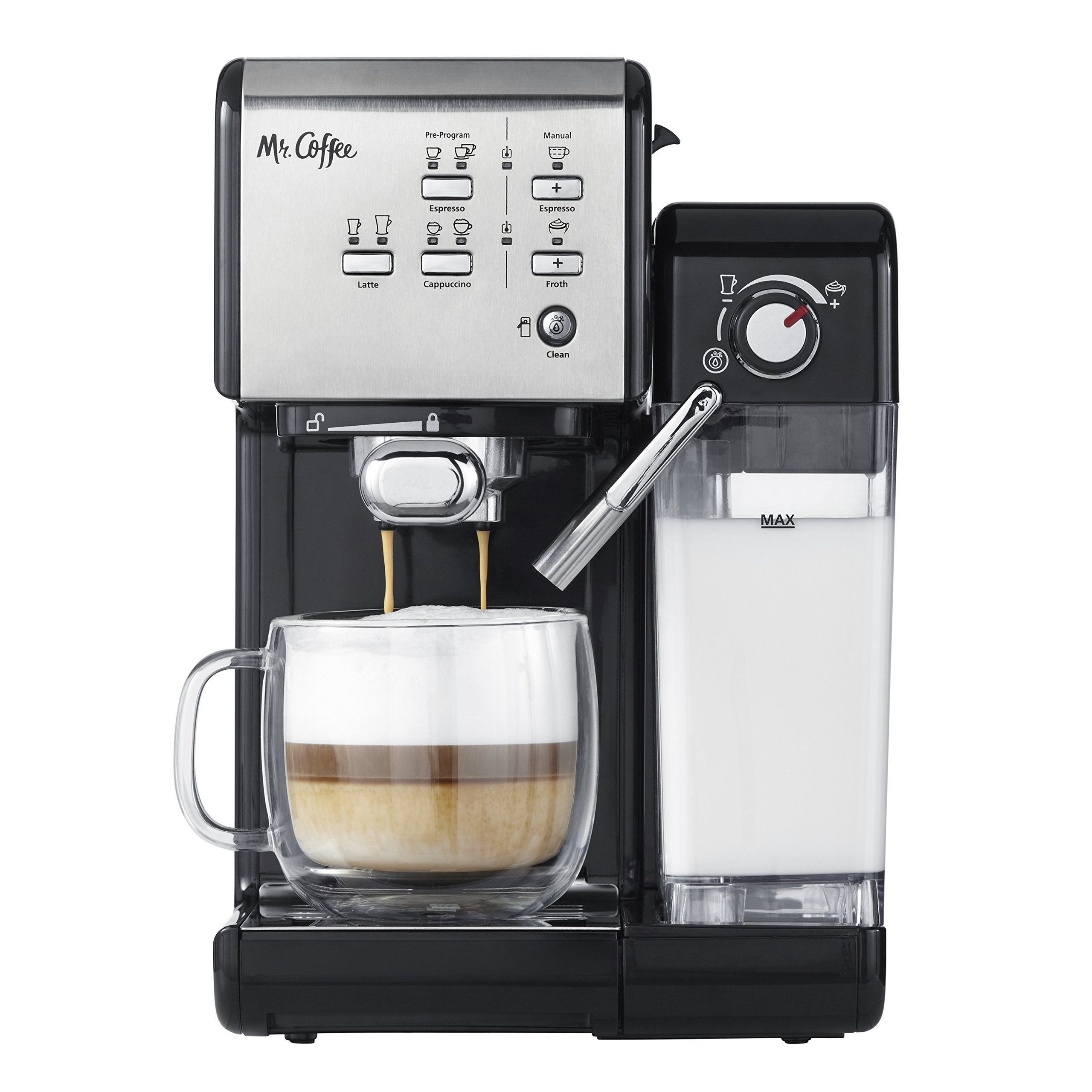 Mr. Coffee Programmable Espresso & Cappuccino Machine With Automatic Milk Frother & 19-Bar Pump, Stainless Steel