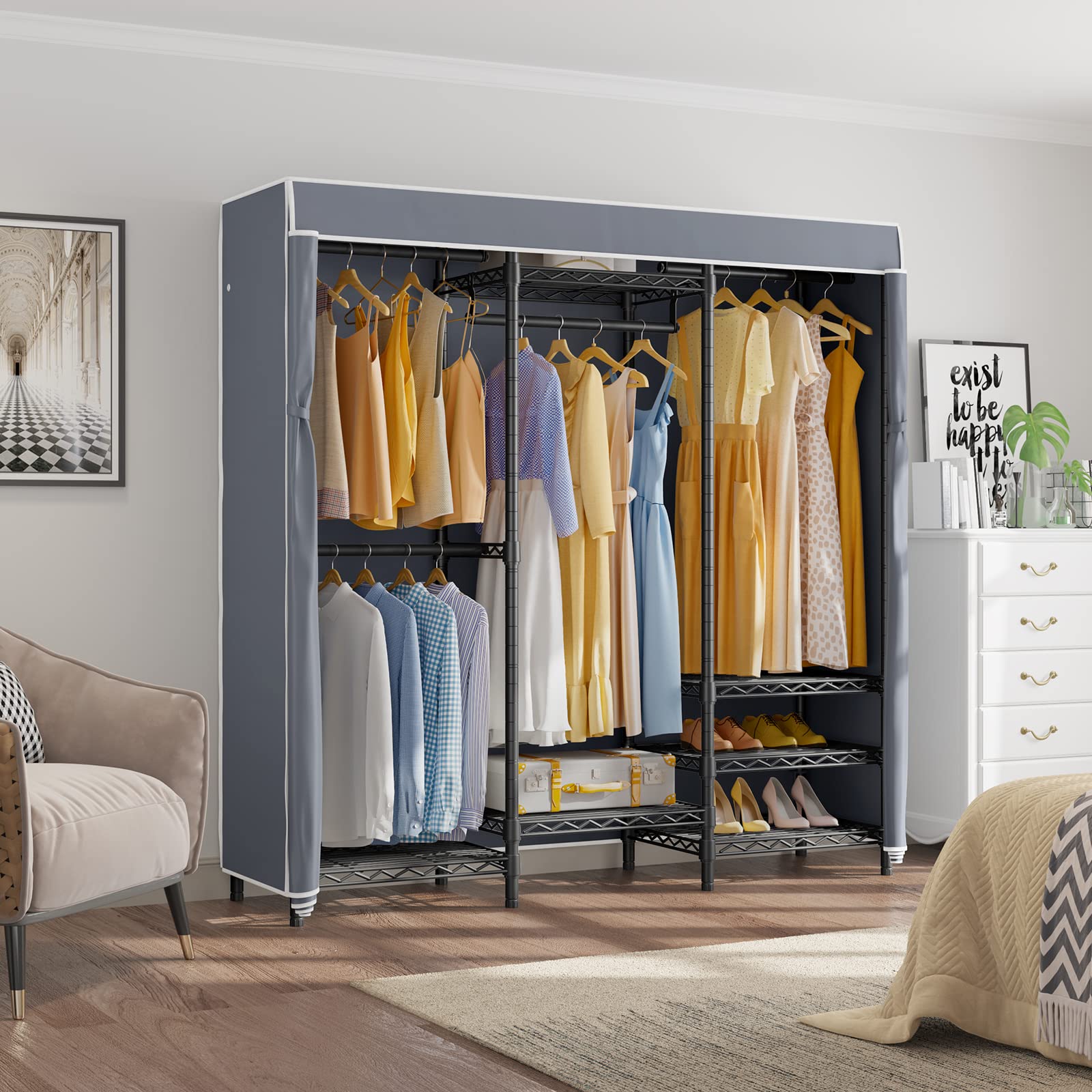 Vipek V5C Covered Clothes Rack Heavy Duty Portable Closet Wardrobe, Freestanding Black Metal Clothing Rack With Grey Oxford Fabr