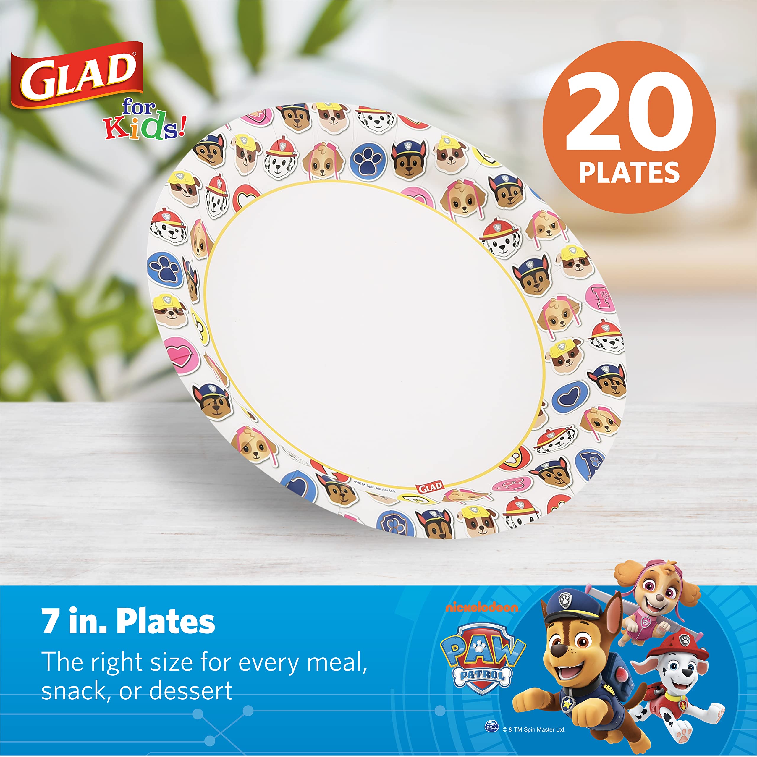 Glad For Kids Paw Patrol Emoji Paper Dispososable Plates | Heavy Duty Disposable Paper Plates, Paw Patrol Emojis 7'' Round Plate