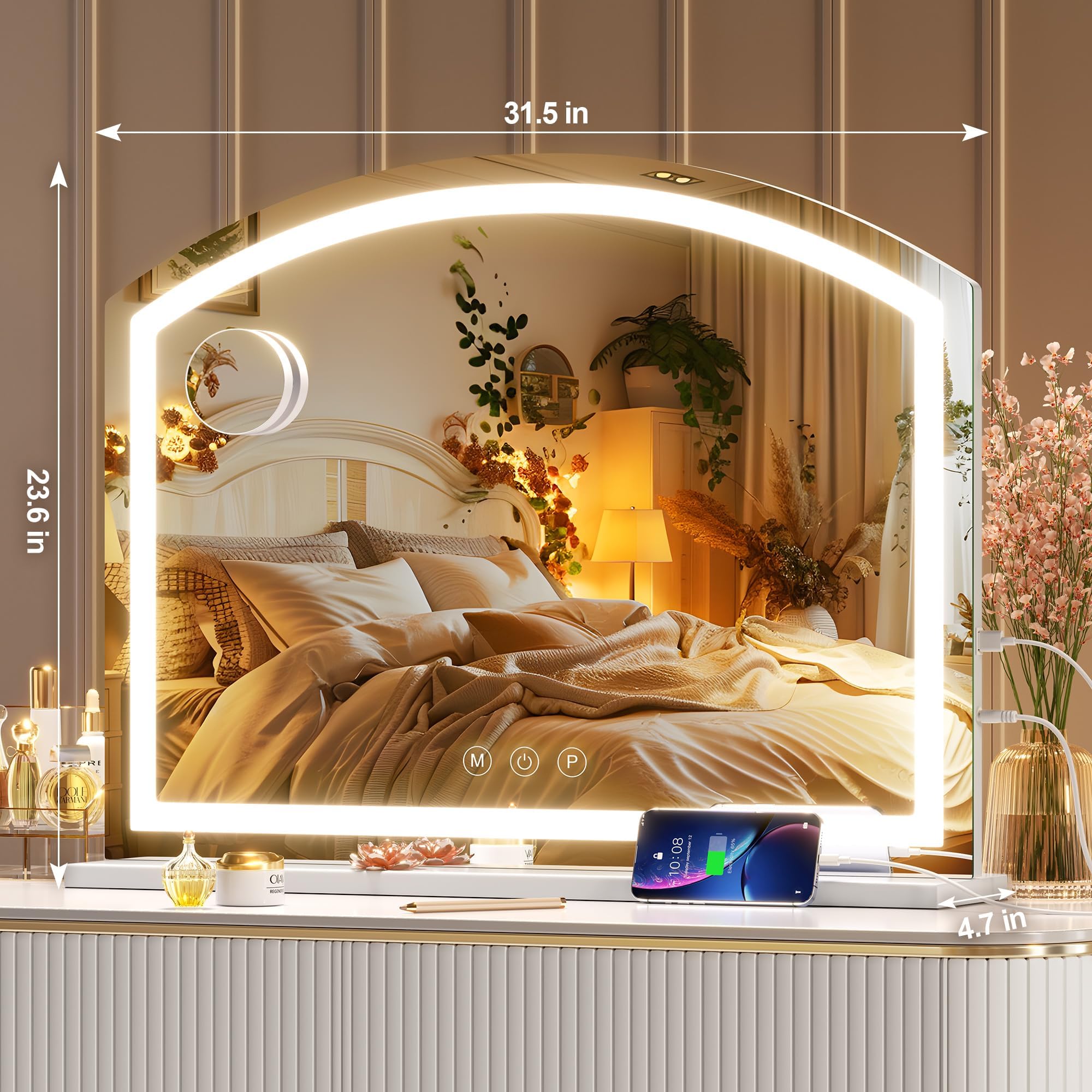 Hasipu Arch Vanity Mirror With Light, Arched Led Makeup Mirror With 10X Magnification, Tabletop Desk Mirror With Usb Charging Po