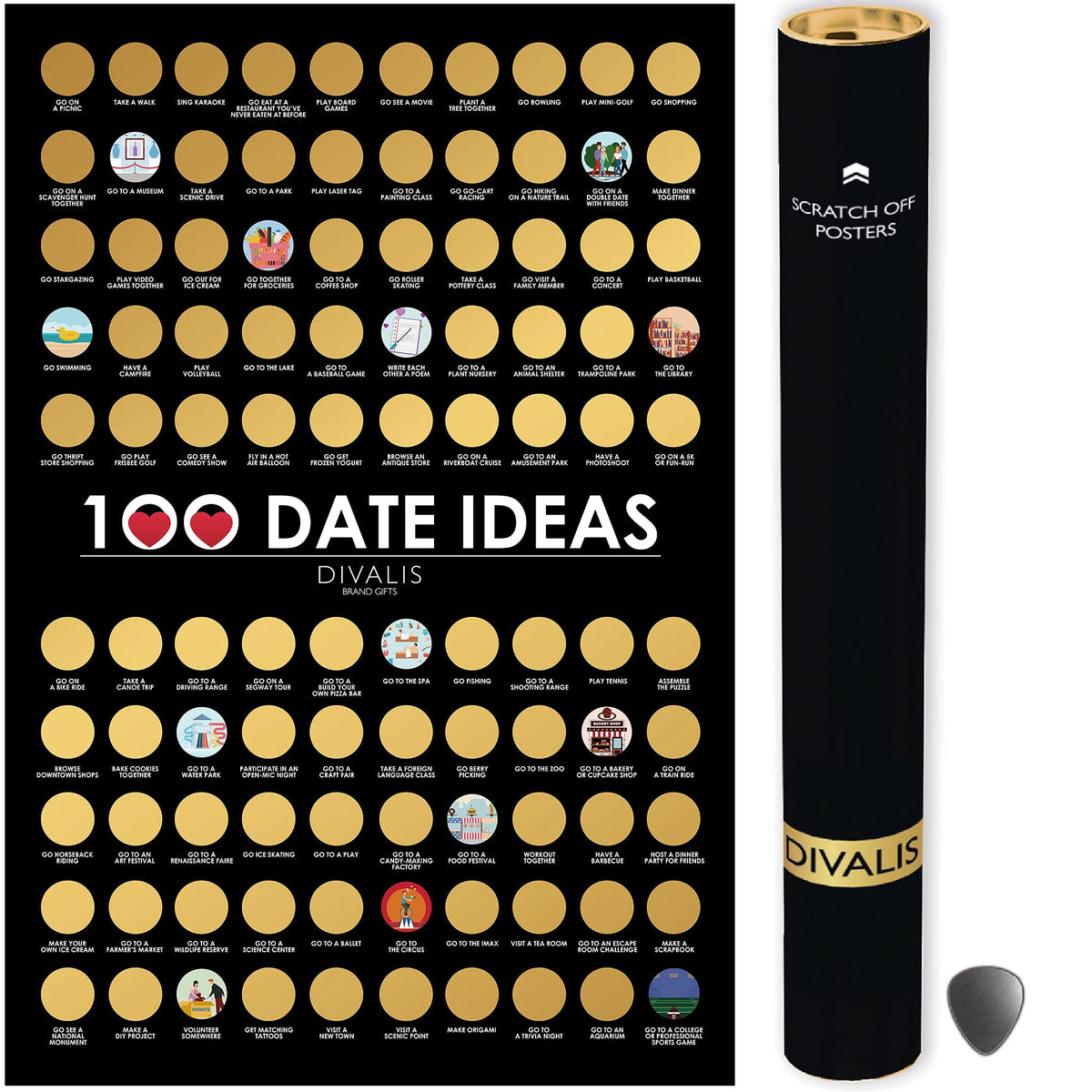 100 Dates Scratch Off Bucket List Poster - Large Scratching Poster For Adventure Couple - Things To Do Bucket List For Couple -