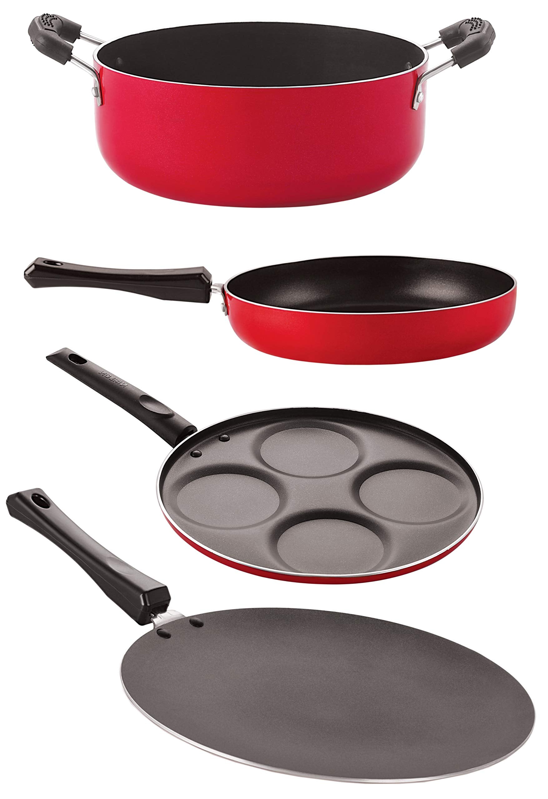 Nirlon Non Stick Cookware Kitchen Cooking Essential Gift Set,4 Pieces (Red & Black) (Ct12_Fp10_Up4_Cs24)