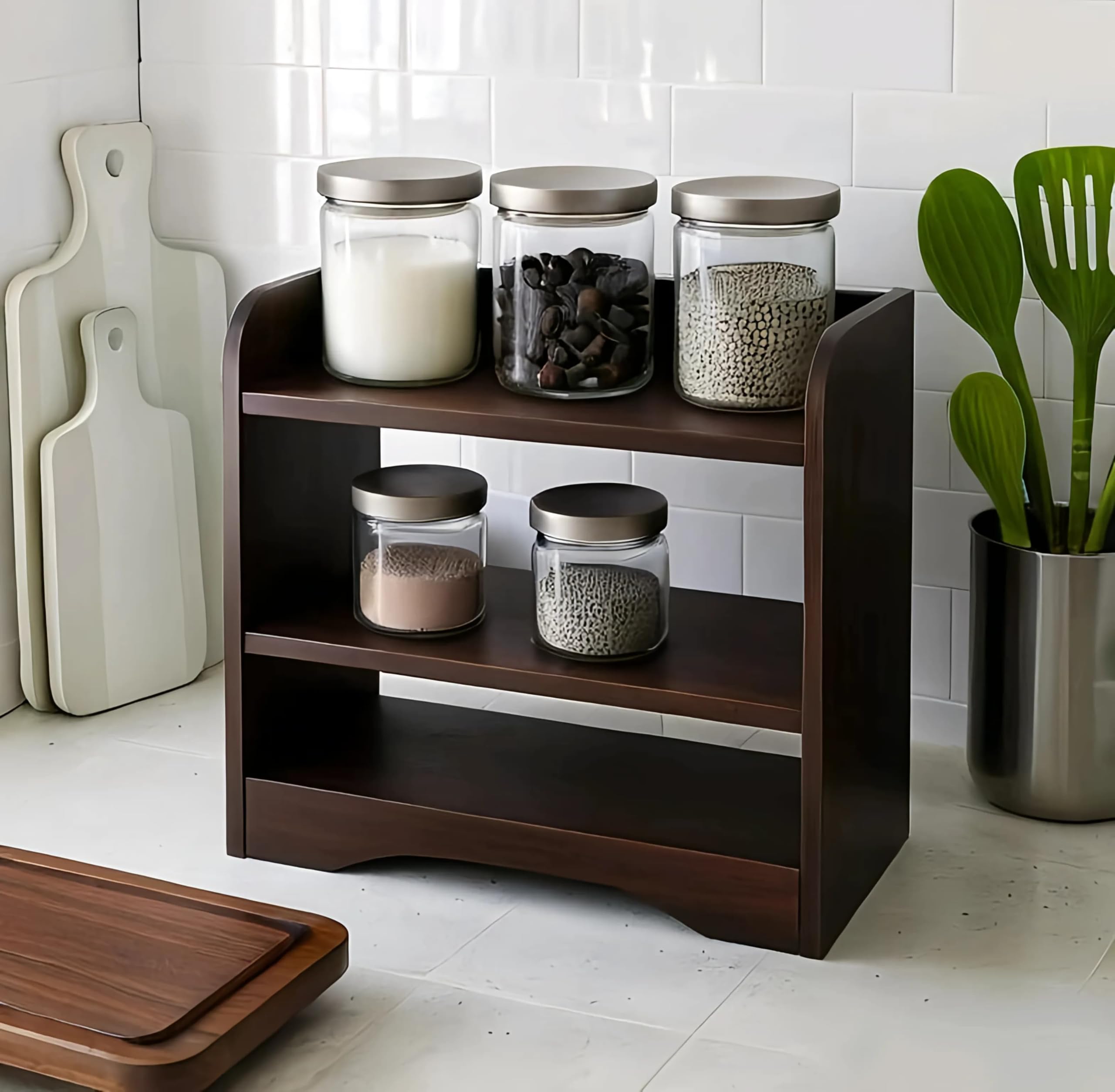 Oxmic Stand For Kitchen Storage Rack, Rack For Kitchen Storage, 3Tier Wooden Spice Rack Organiser, 40.6X40.6X12.7 Cm, Dark Brow