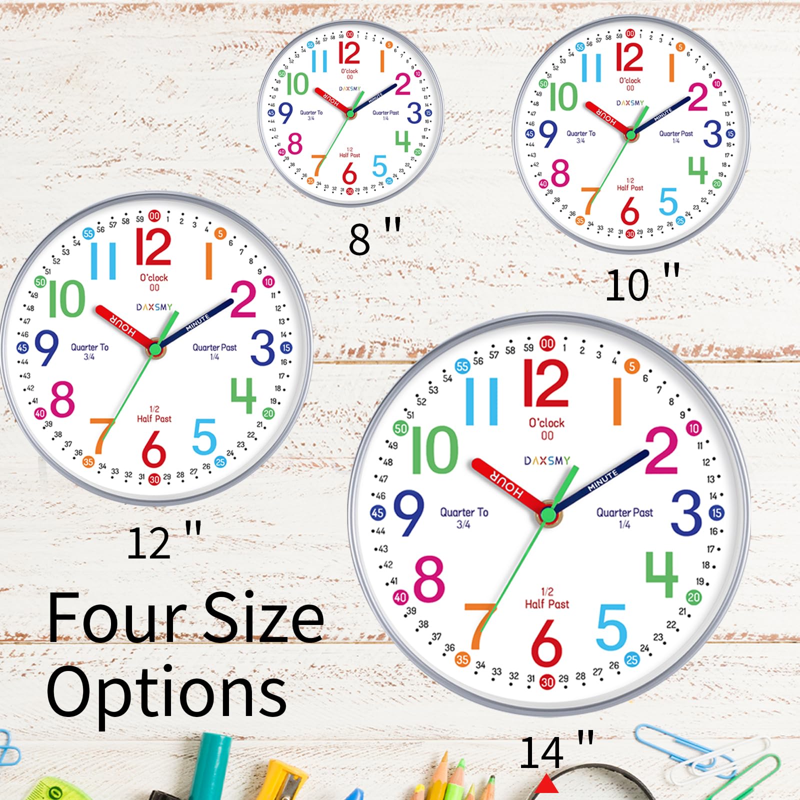 Roymnie 14 Inch Wall Clock for Kids Learning to Tell Time, Modern Silent Battery Operated Teaching Clock, Ideal Gift for Kids Ro
