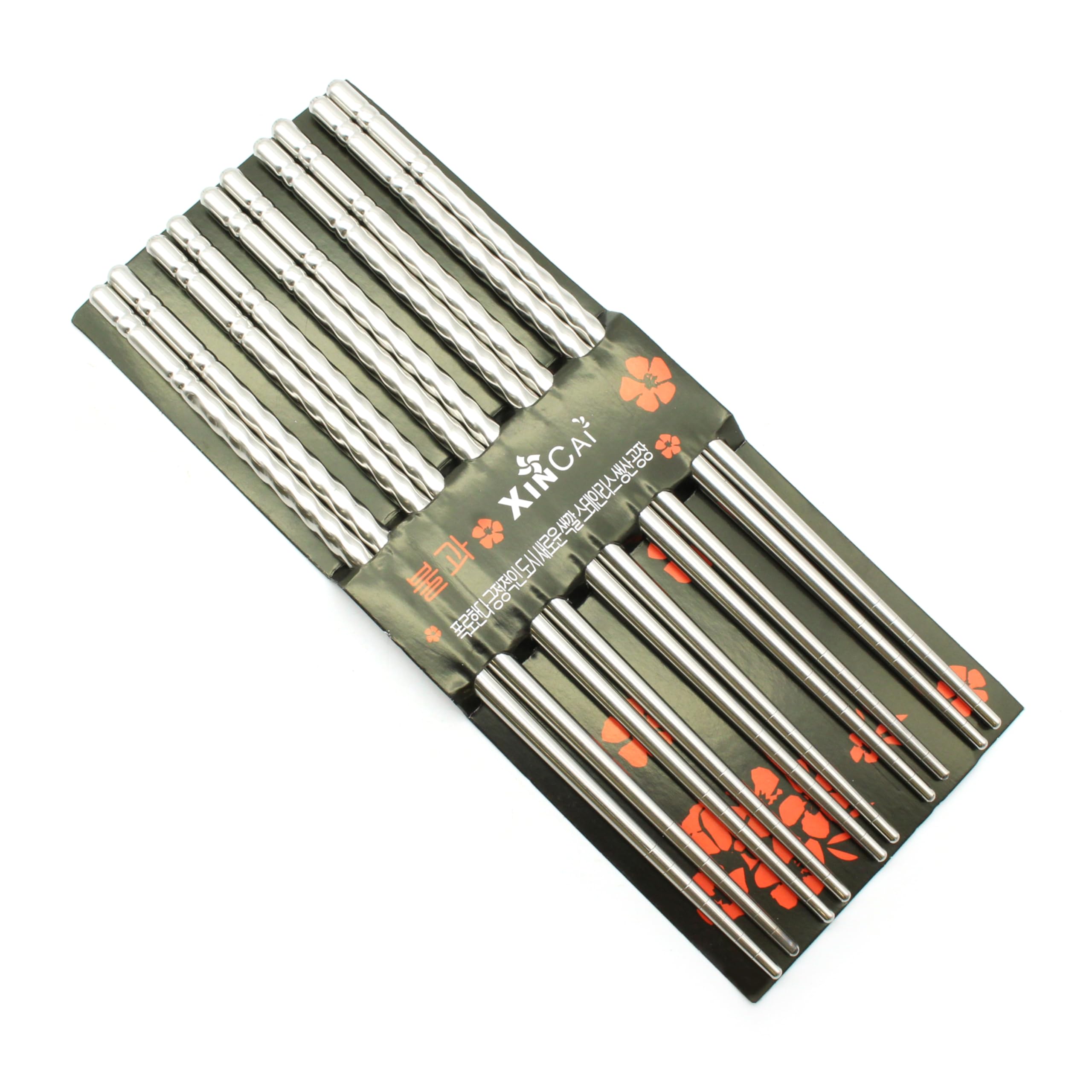 Temo Spiral Stainless Steel Chopsticks - 5 Pairs Silver Reusable Dishwasher Safe Metal Chopsticks - Square Lightweight Chop Stic