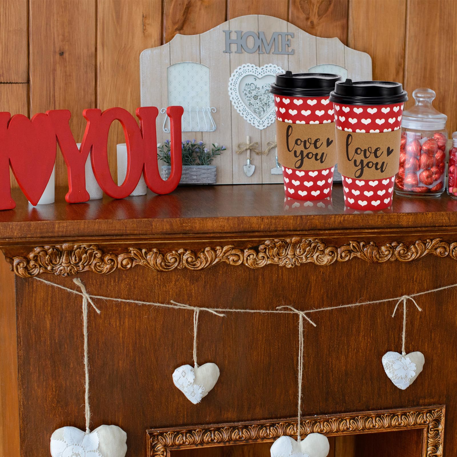 Jarthenaamcs 48 Pack Red White Heart Disposable Coffee Cups With Lids And Sleeves Valentine'S Day Paper Cups Love Drinking Cups