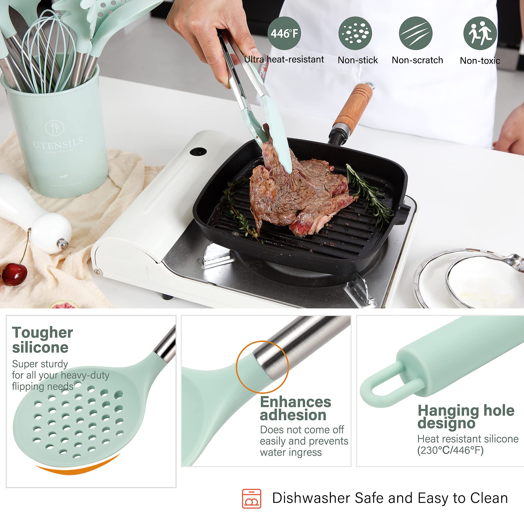 Ncue Kitchen Utensils Set, 28 Pcs Silicone Cooking Utensils Set With Holder, Spatula Set, Silicone Whisk, Measuring Cups And Spo