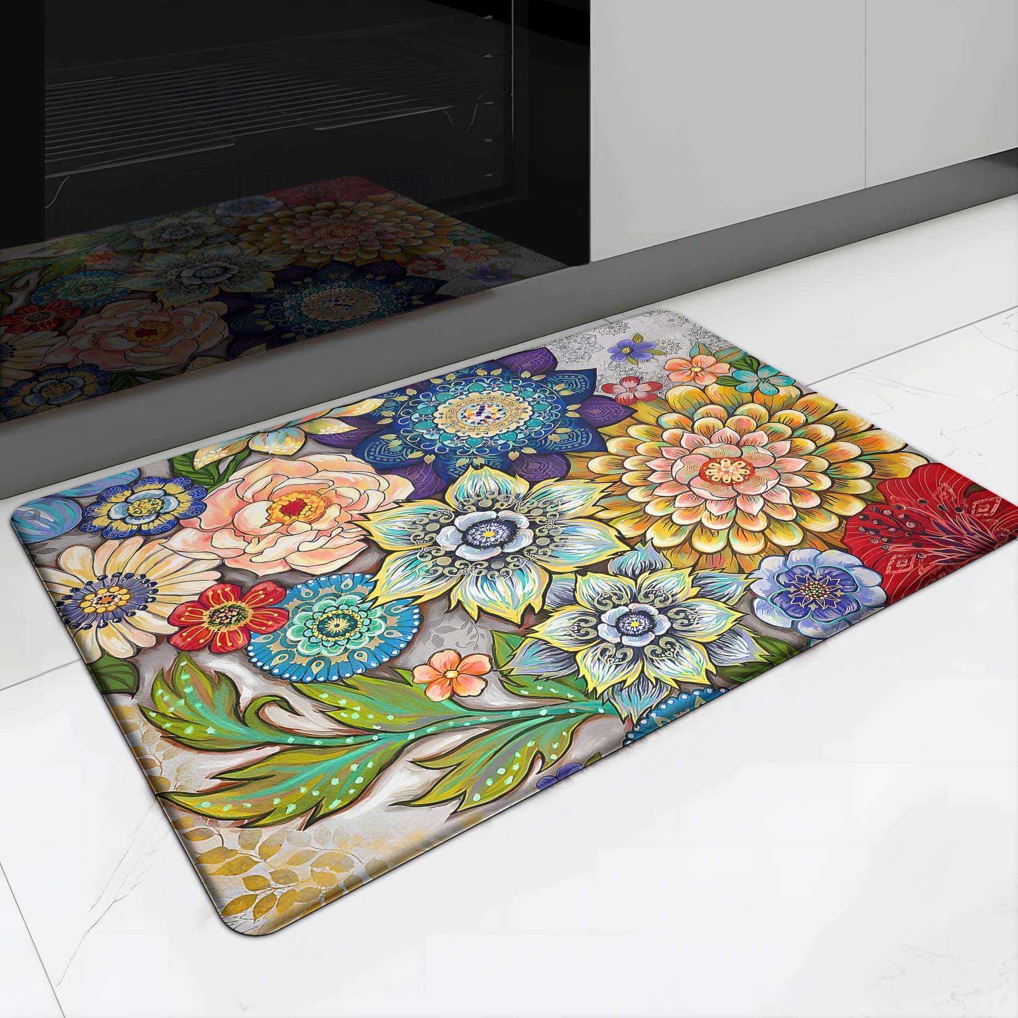 tubeamin Floral Kitchen Rug Mat for Floor Boho Cushioned Anti-Fatigue Mat Memory Foam Standing Desk Padded Comfort Floor Mat for