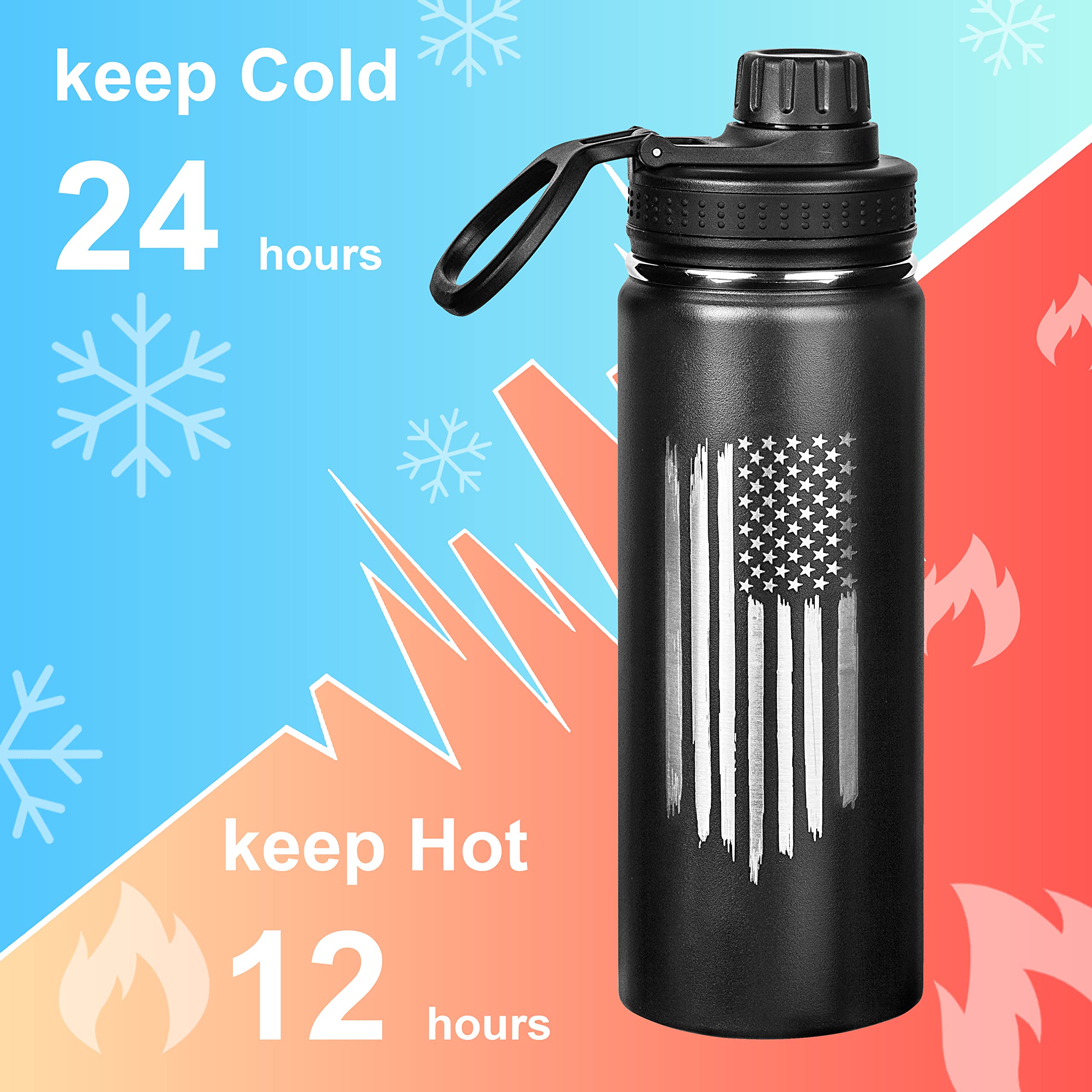 20oz American Flag Water Bottle - USA Double Wall Vacuum Insulated Stainless Steel Great for PT and Outdoor Sports Like Hiking Camping and Cycling
