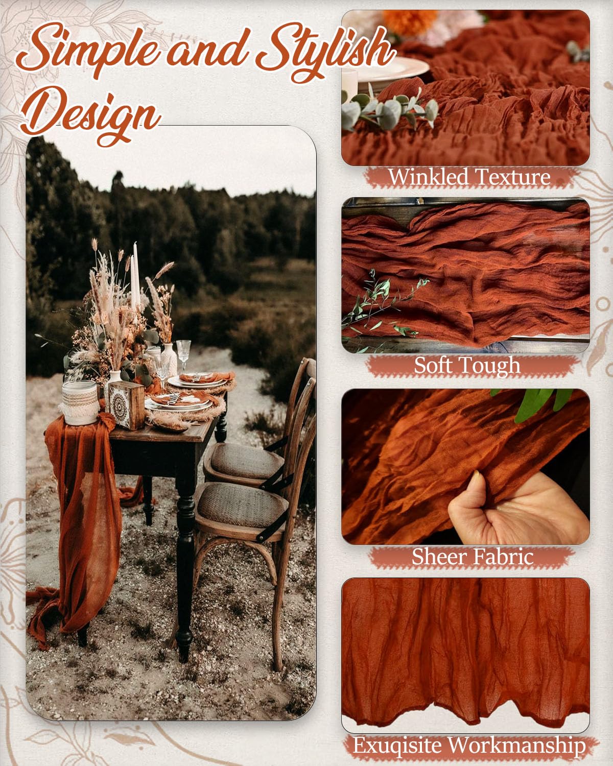 Fusenyuan Terracotta Cheesecloth Table Runner 10Ft 1Pcs For Boho Wedding Farmhouse Party Rustic Gauze Table Runner 120'' X 35''