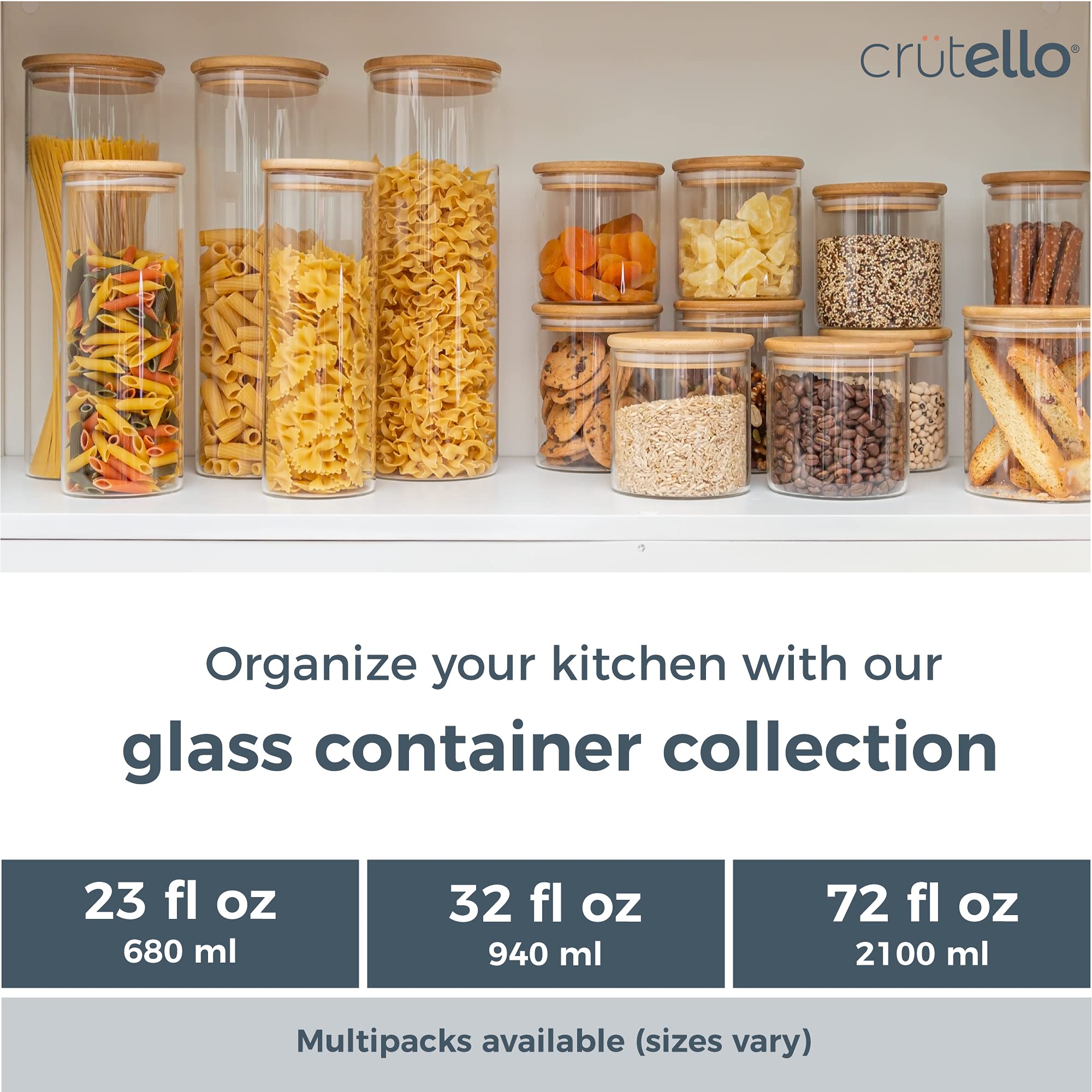 Crutello Glass Food Storage Containers With Bamboo Lids, 3 Pack - 72 Fluid Oz Airtight Clear Kitchen Organization Canisters - A