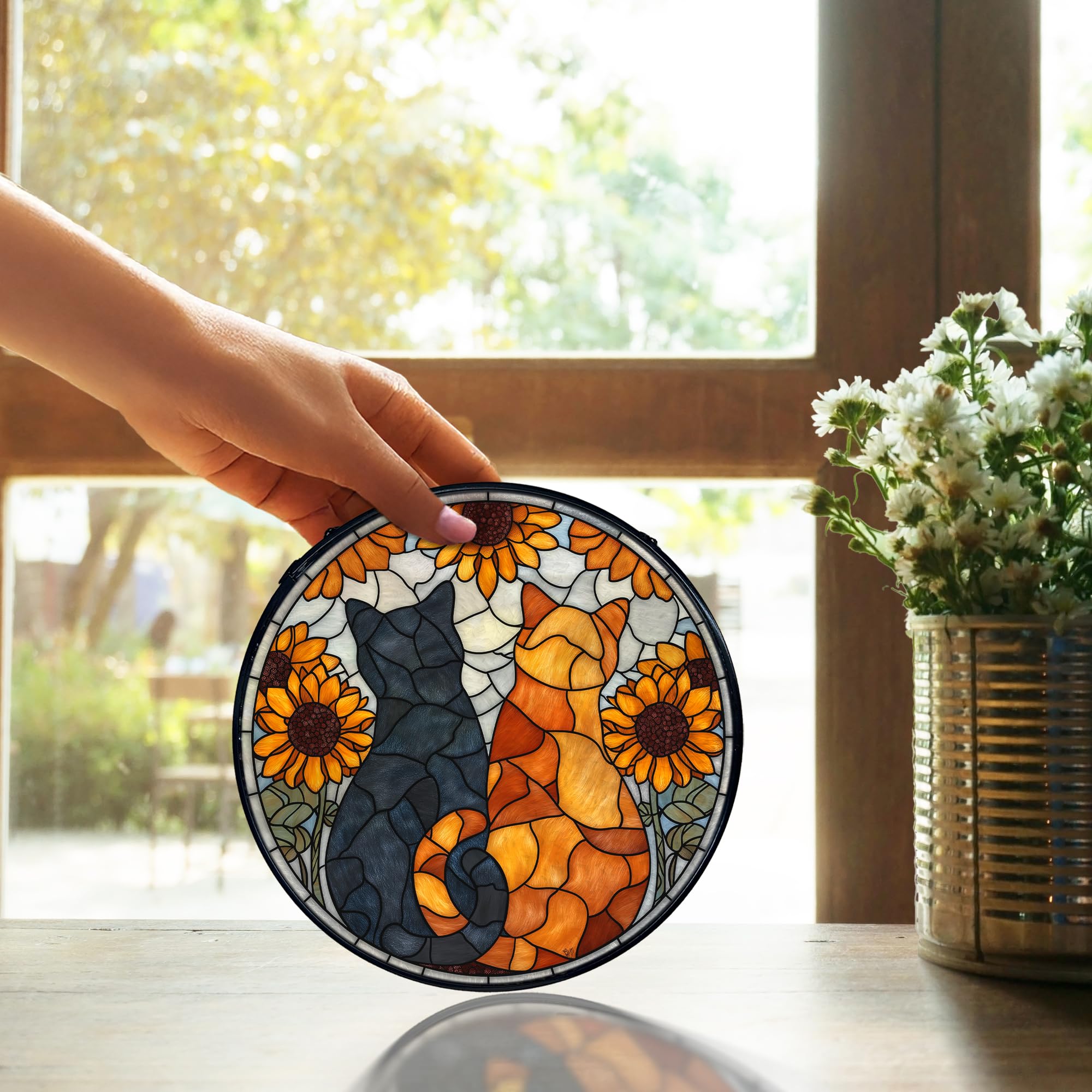 TNUW Cat Sunflower Stained Glass Window Hanging, Black Orange Cat Sunflower Suncatchers Indoor Window Glass Round Wall Art Decor