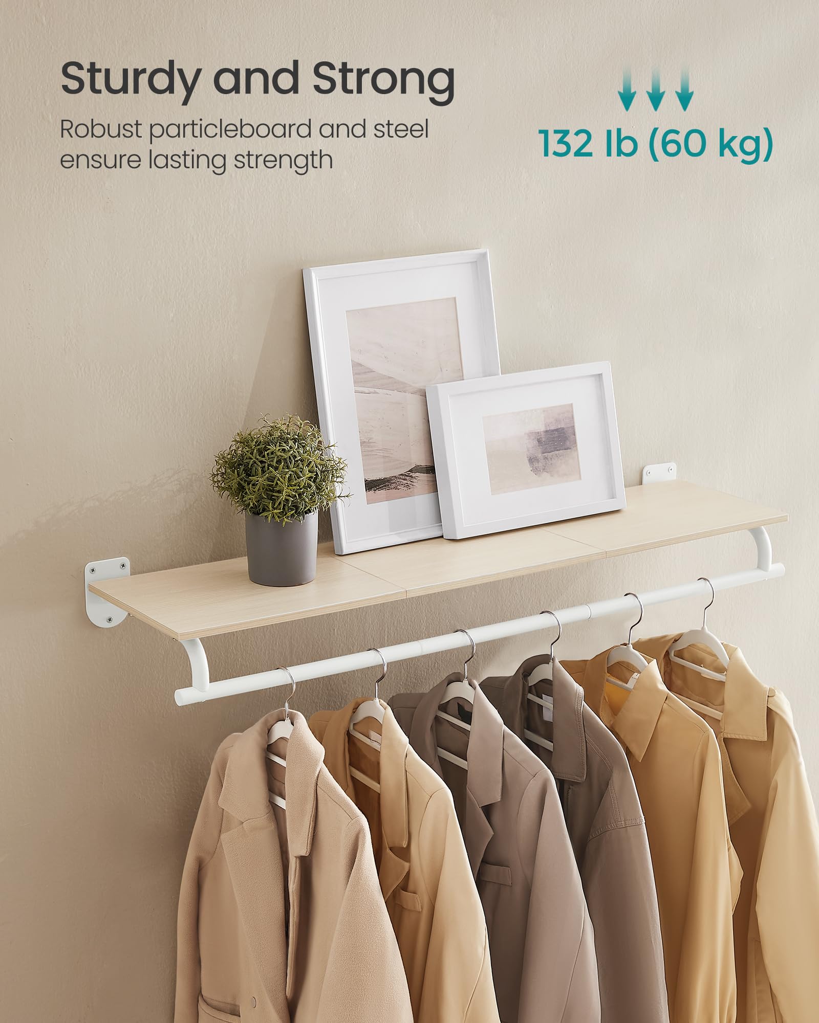 Songmics Clothes Rack With Top Shelf, Wall Mounted Clothing Rack, With Hanging Rod, Loads Up To 132 Lb, 11 X 42.9 X 5.2 Inches,