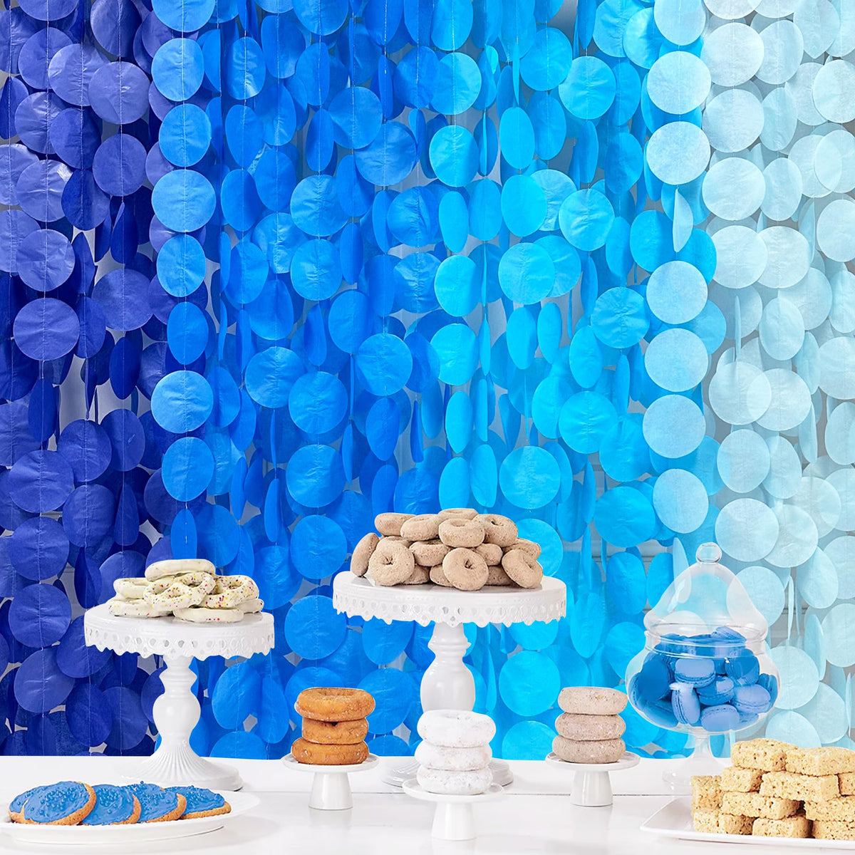205 Ft Blue Party Decorations Ombre Navy Blue Circle Dot Backdrop Streamer Royal Blue Tissue Paper Polka Dot Hanging Garland For