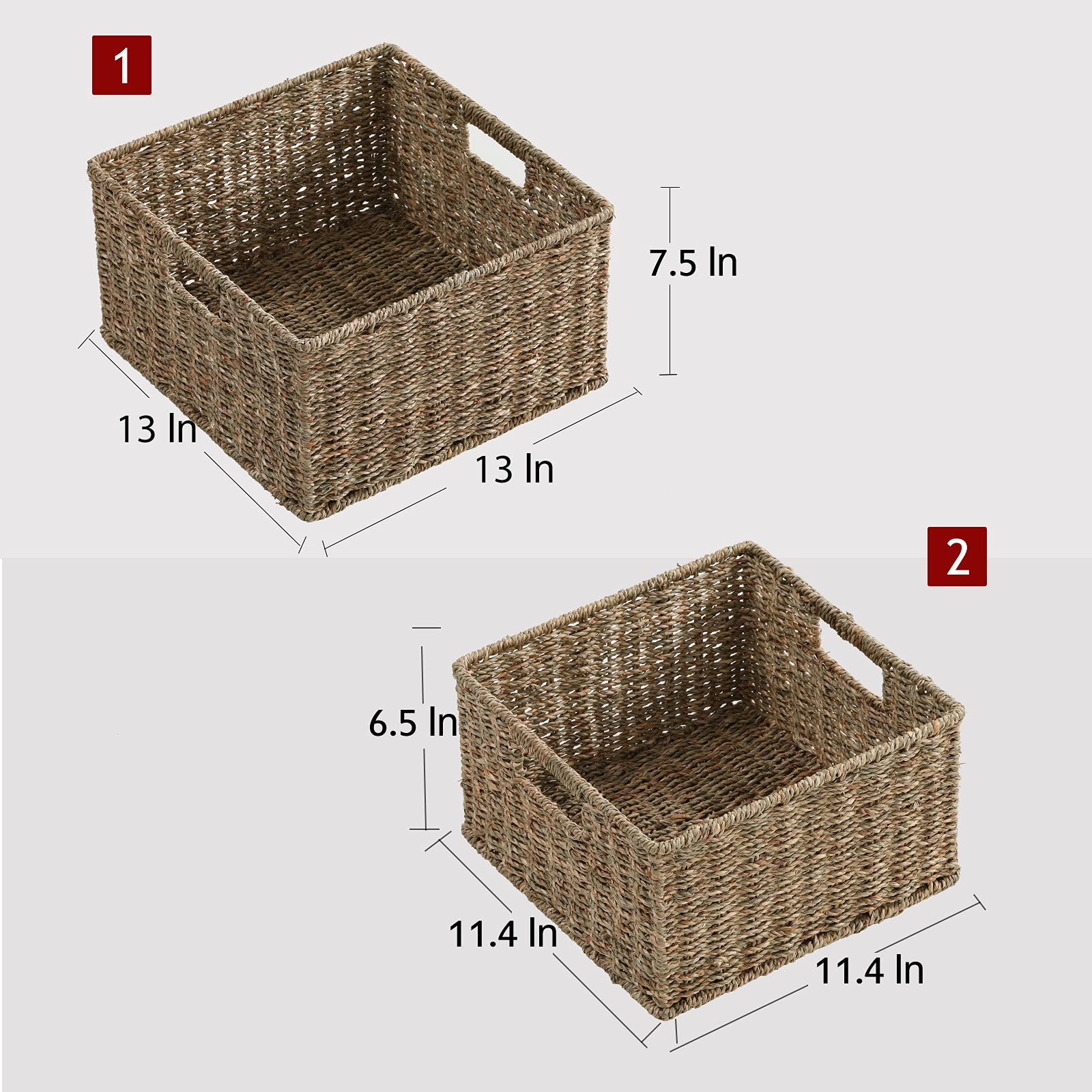 HOONEX Wicker Storage Baskets for Organizing  Decorative Woven Seagrass Baskets for Storage with Carrying Handles  Set of 2  Natural