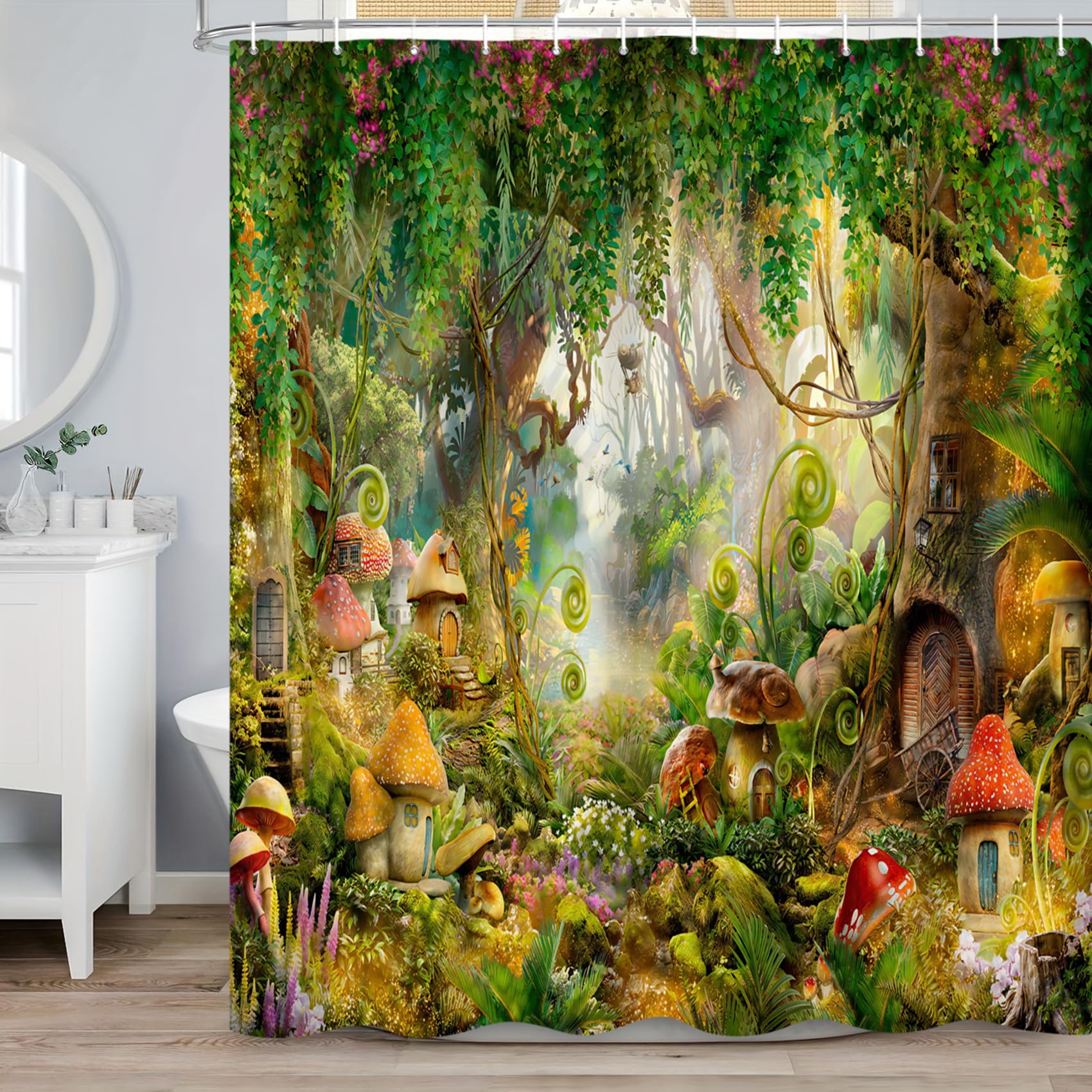 Renaiss 72X72 Inches Enchanted Forest Shower Curtain For Bathroom Fairy Tales Fantasy Mushroom Wonderland Jungle Fabric Shower C