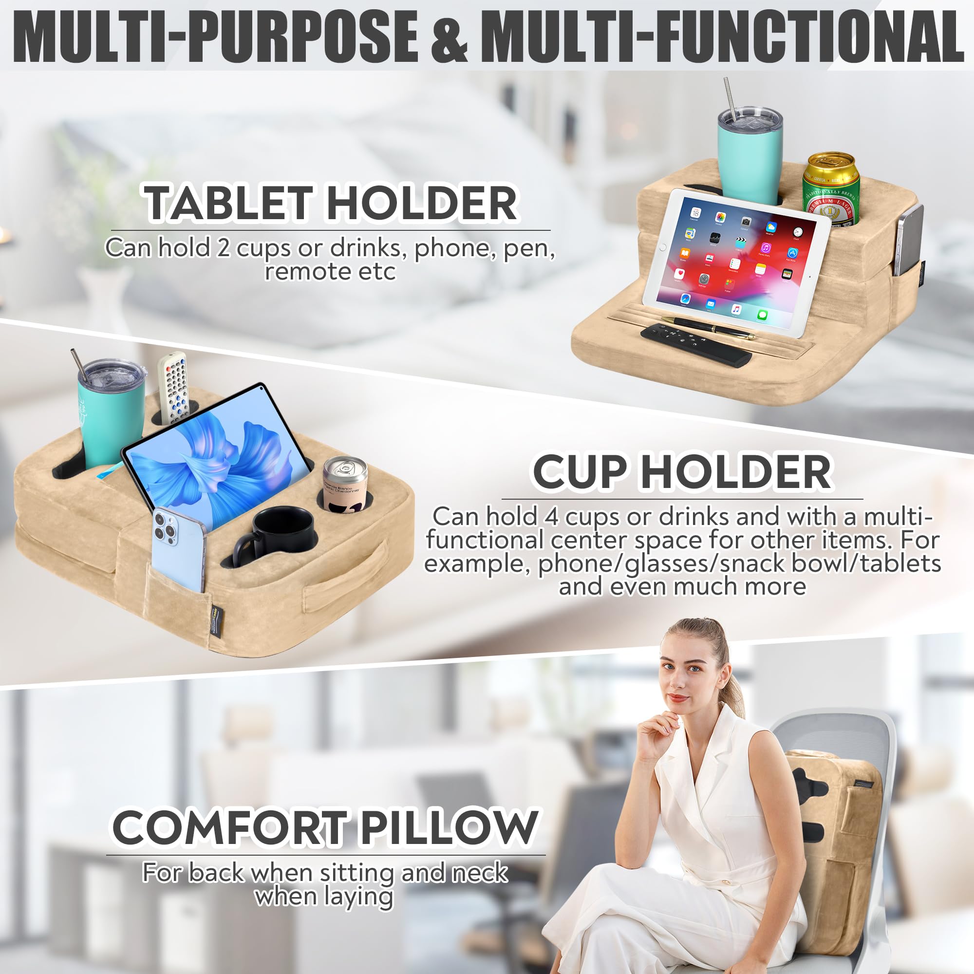 Tabcouchcaddy - Couch Cup Holder Tray Pillow - Bed, Couch Caddy, Sofa, Rv & Car - Holds Drinks, Snacks, Remotes, Phones, Kindle,