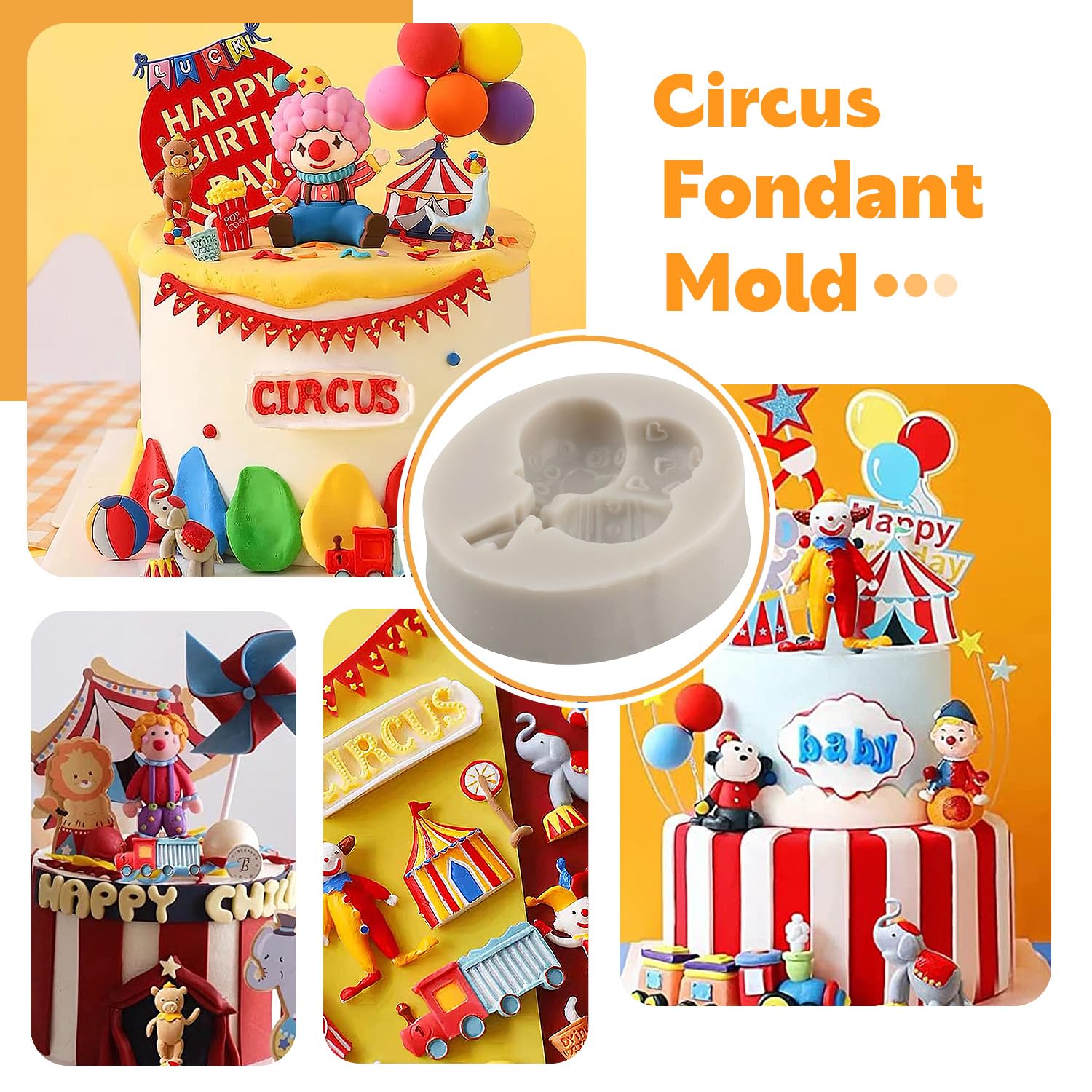Sijiangmold Circus Fondant Silicone Molds Clown Elephant Chocolate Molds Theater Unicycle Balloon Mold For Cupcake Topper Cake D
