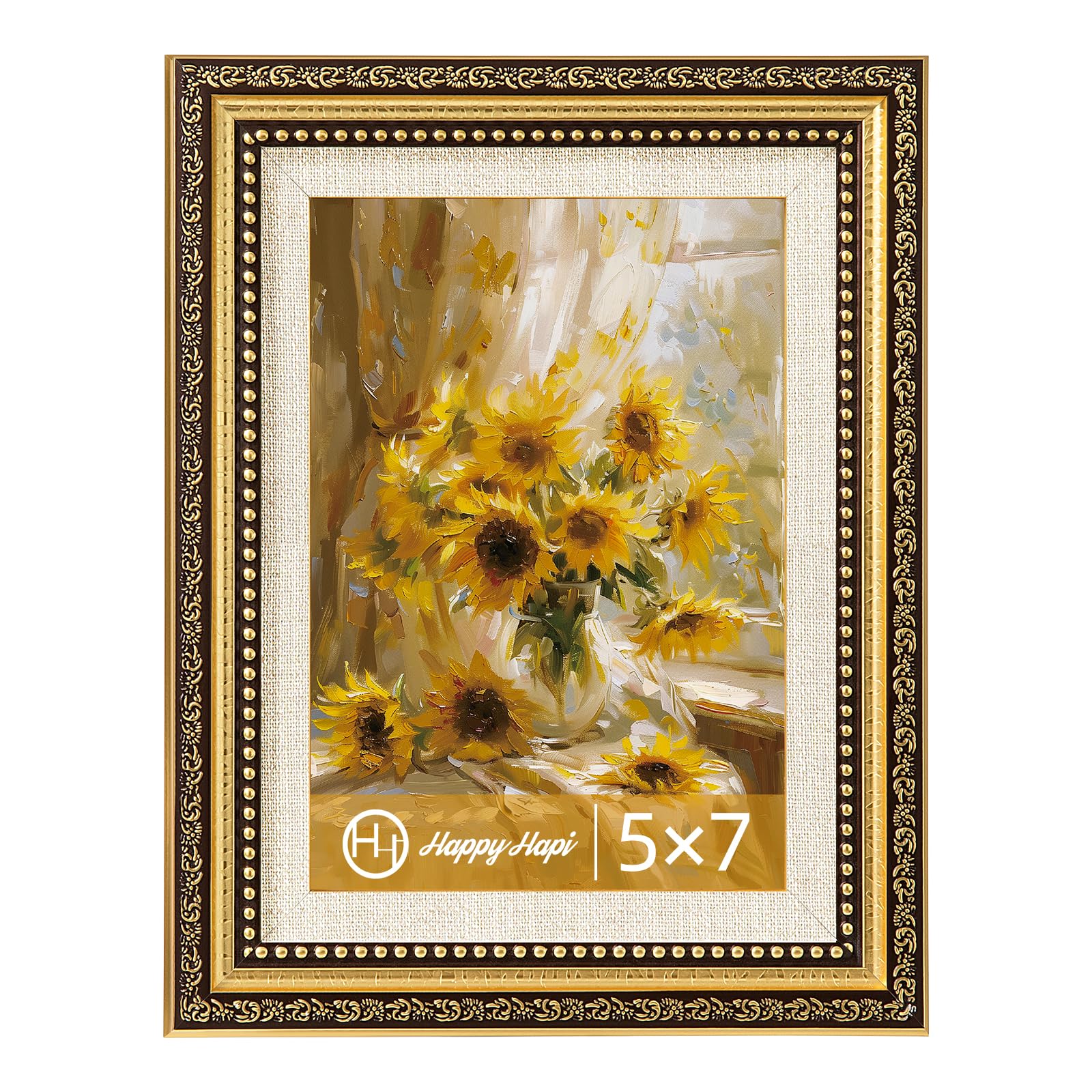 HappyHapi 5x7 Picture Frame, Vintage Picture Frames for Wall or Tabletop Display, Gold Photo Frame for Wall D  corRetro Home Dec