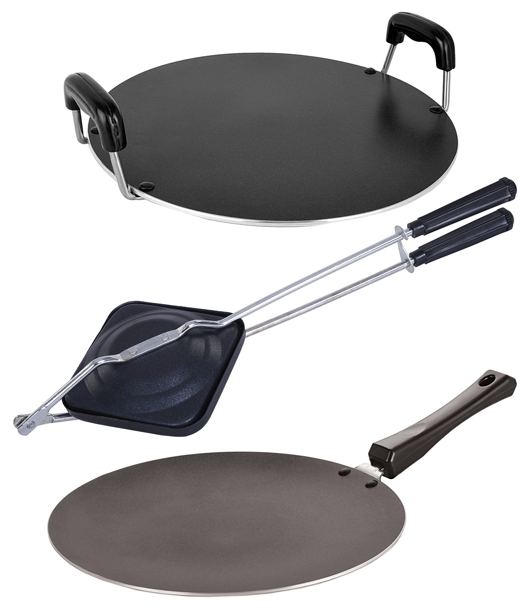 Nirlon NonStick Flat Base Gas Compatible Aluminium 3 Piece Tawa And Grill Pan Combo Kitchenware Set, 2.6Mm_Ct12_Rt_Ht