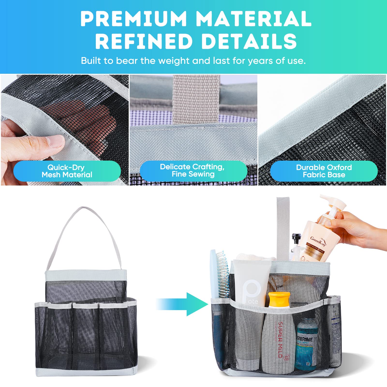 EUDELE Mesh Shower Caddy Portable for College Dorm Room Essentials with 8-Pocket Large Capacity for Beach Swimming Gym-Grey