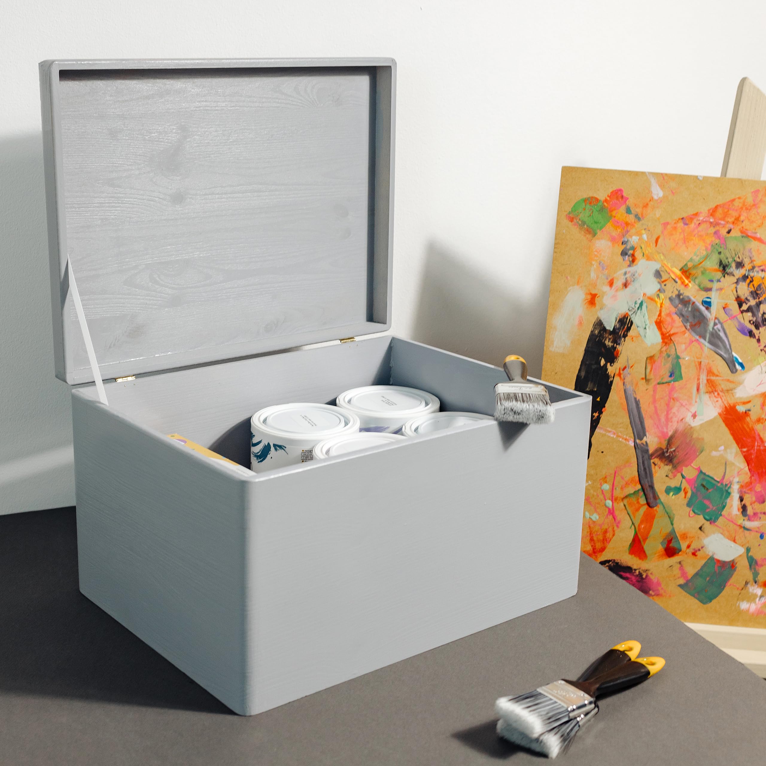 Creative Deco Large Grey Wooden Box Storage with Hinged Lid | 15.8 x 11.8 x 9.44 inches (+-0.5) | with Handles | Gift Box Storag