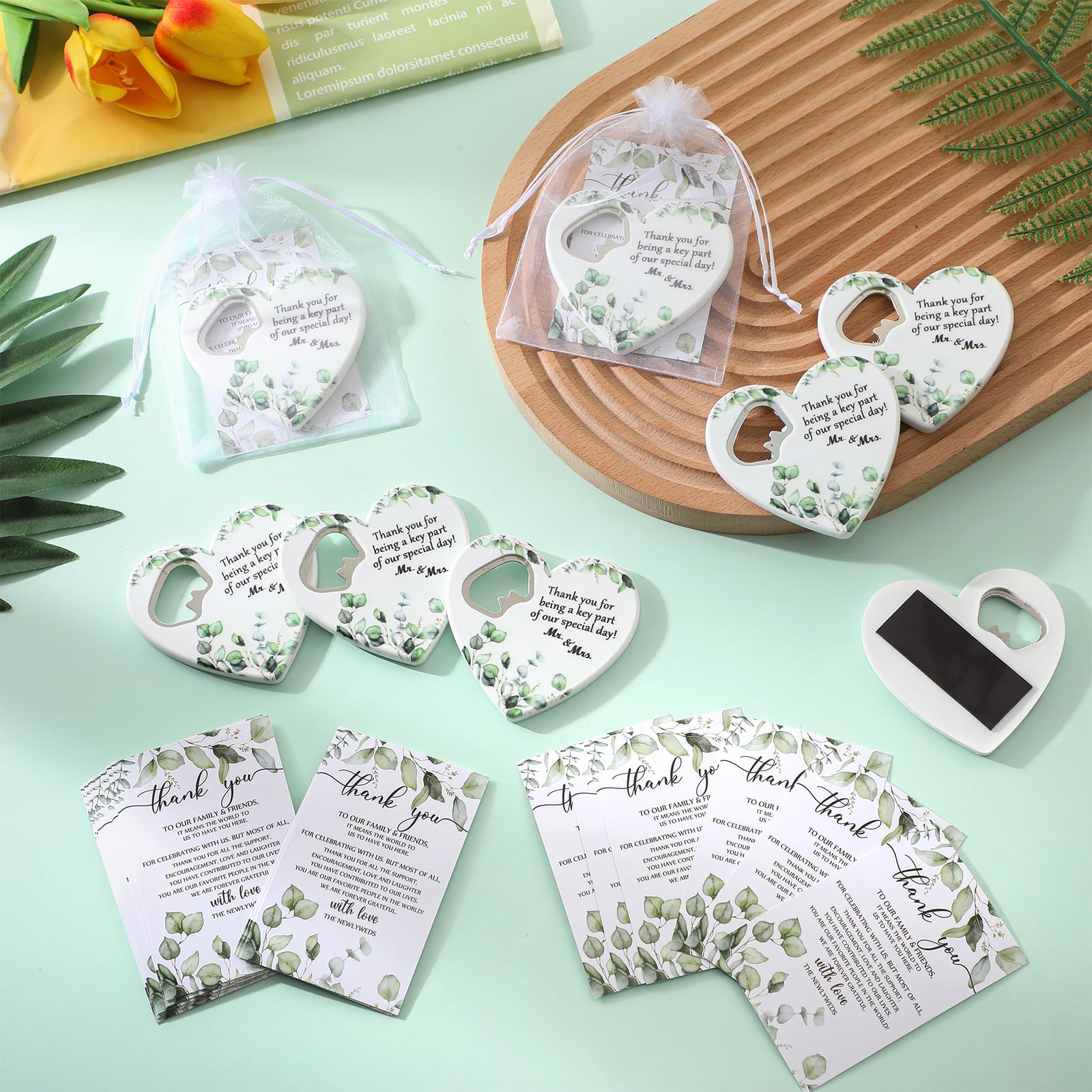 Uiifan 25 Sets Wedding Thank You Gifts Heart Shaped Bottle Opener Wedding Fridge Magnet Thank You Blessing Tag Card And Organza