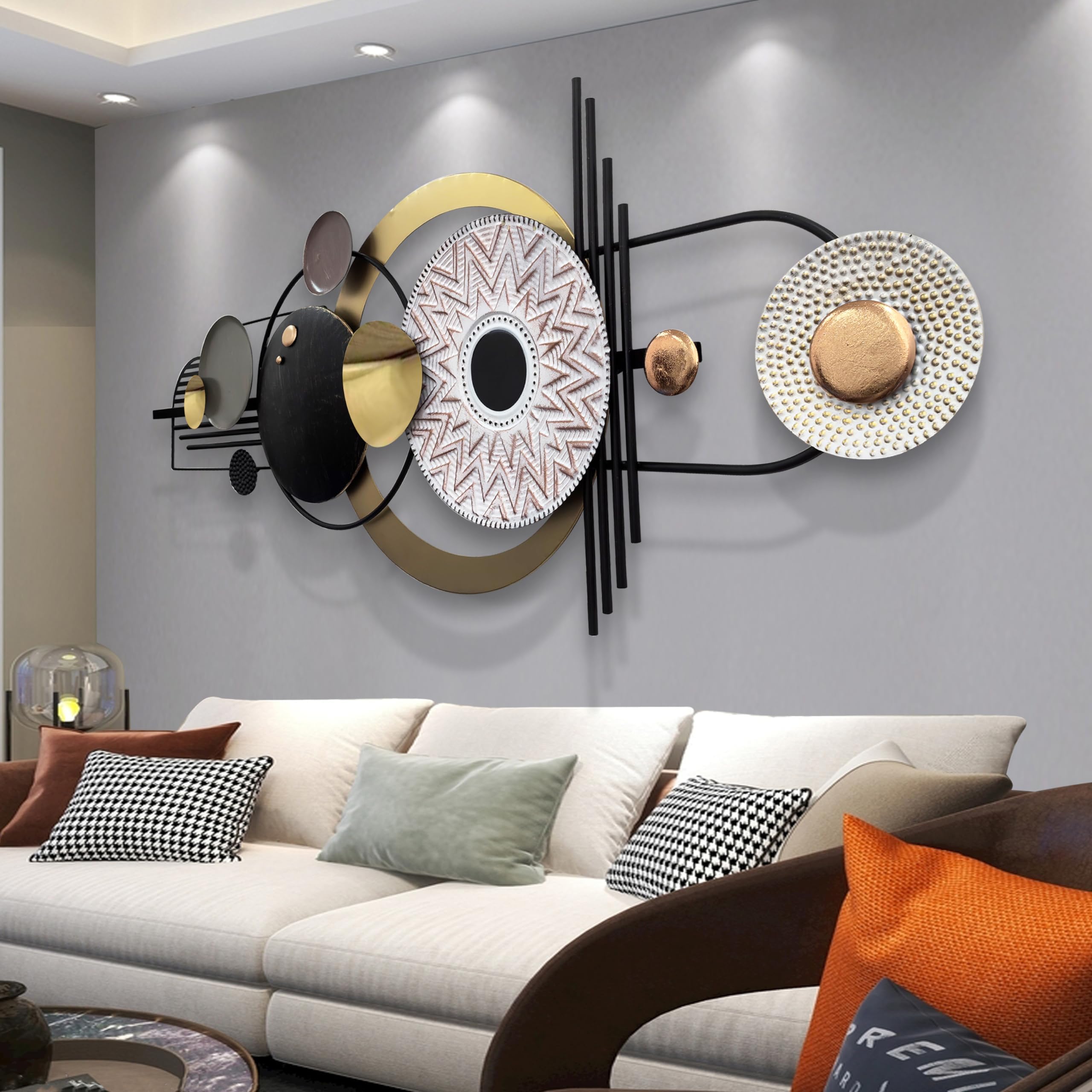 ERMOFAV Wall Decor,Modern Creative Metal Geometric Circular Decor Wall Art, 59x24 Large 3D Textured Metal Wall Sculptures, Livin