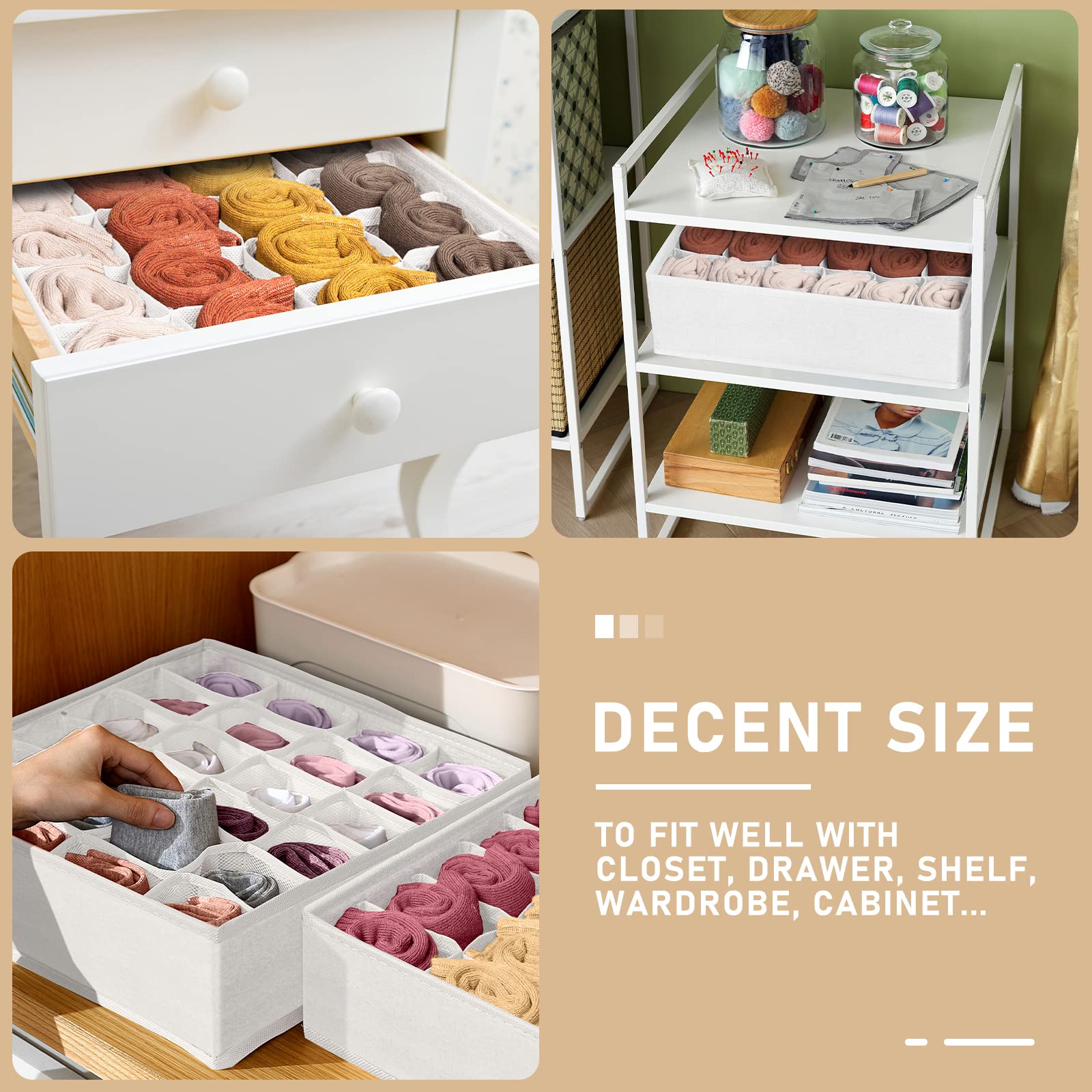 Criusia 3 Pack Sock Underwear Drawer Organizer Dividers, 64 Cell Fabric Foldable Cabinet Closet Organizers and Storage Boxes for