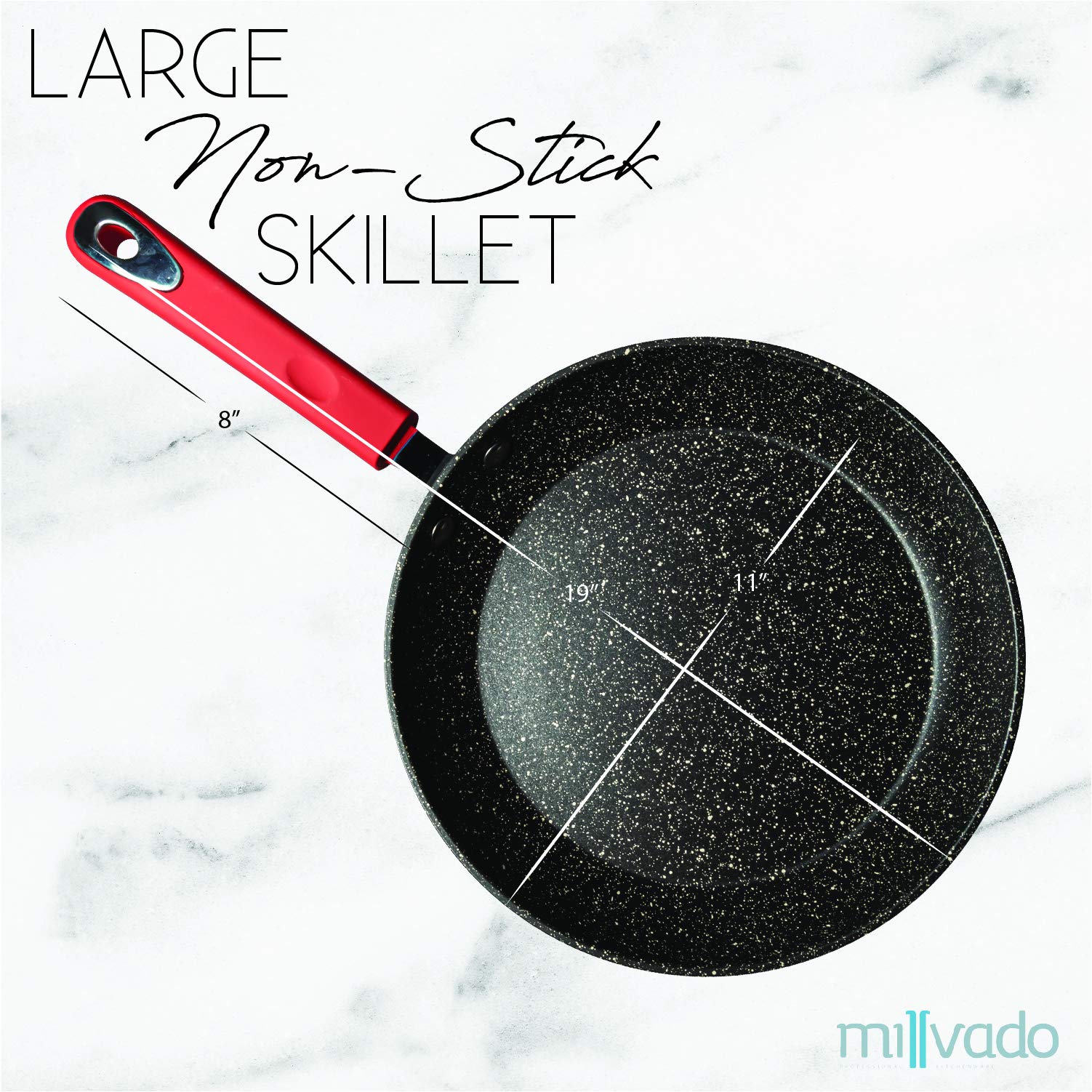 Millvado 11'' Nonstick Frying Pan: Large Skillet With Heavy Duty Non Stick Coating - Red Silicone Handle - Induction Compatible