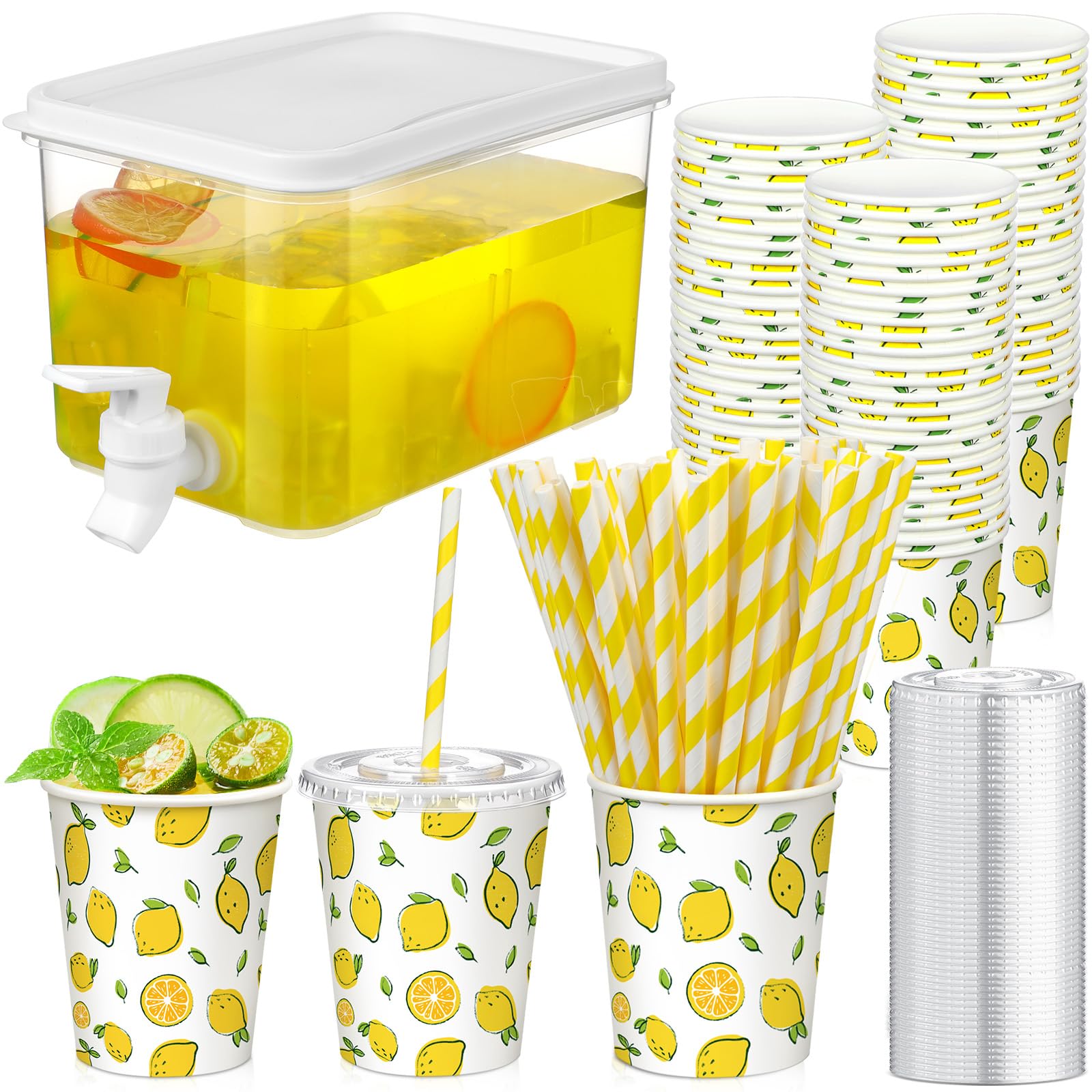 151 Pcs Lemonade Stand Supplies Lemonade Stand Kit Plastic Drink Dispenser 50 Set Disposable Cup with Lids Straws Fridge Water B