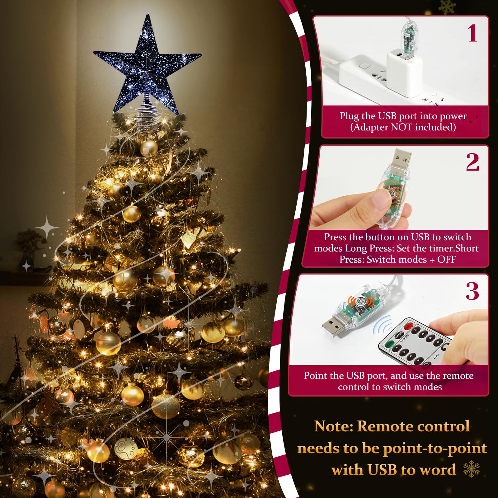Black Christmas Tree Star Topper with Lights, 8.5-Inch Light-Up Christmas Tree Topper with Remote Control, 4 Brightness Levels &