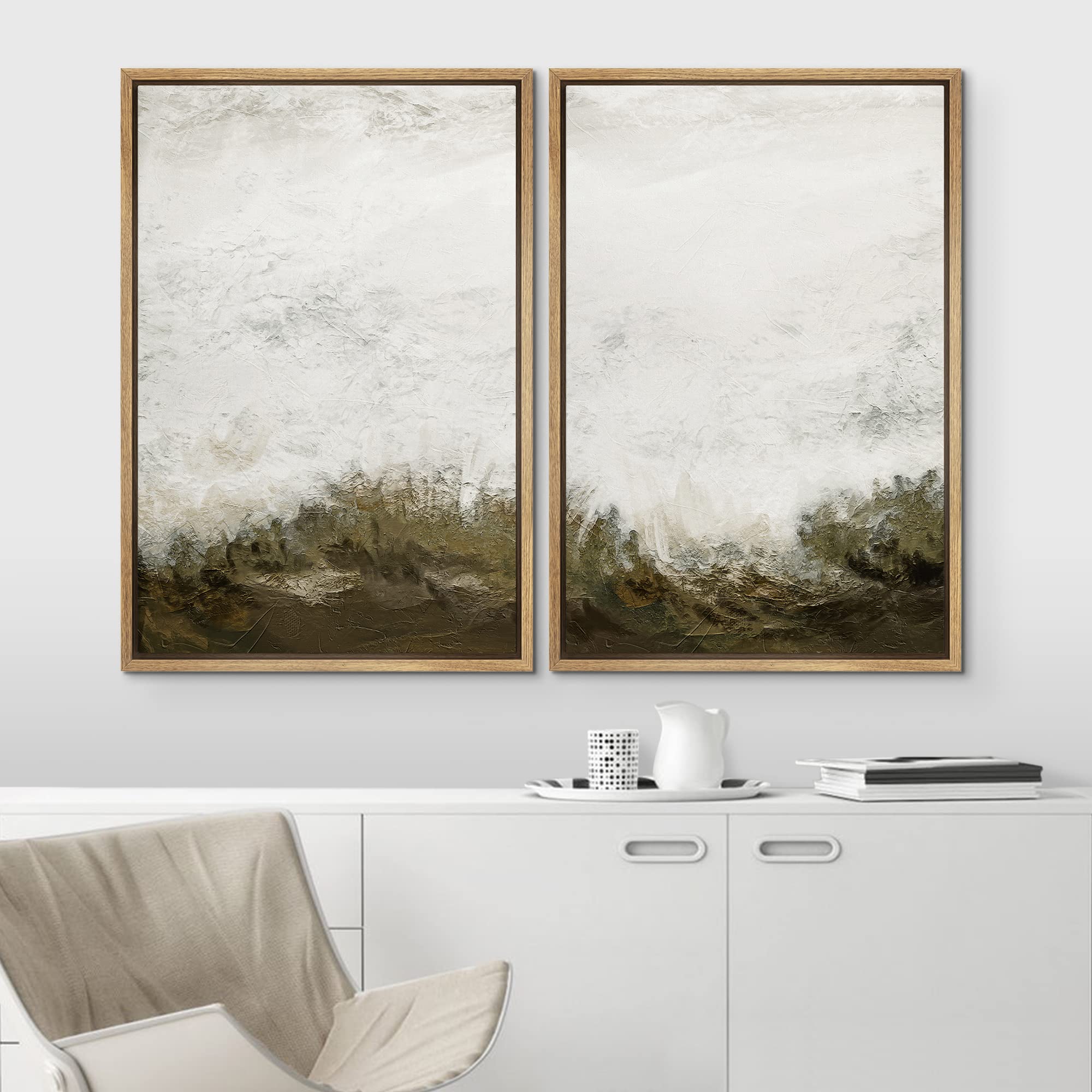 Idea4Wall Framed Canvas Print Wall Art Set Grunge White Brown Color Field Landscape Abstract Shapes Illustrations Minimalism Dec