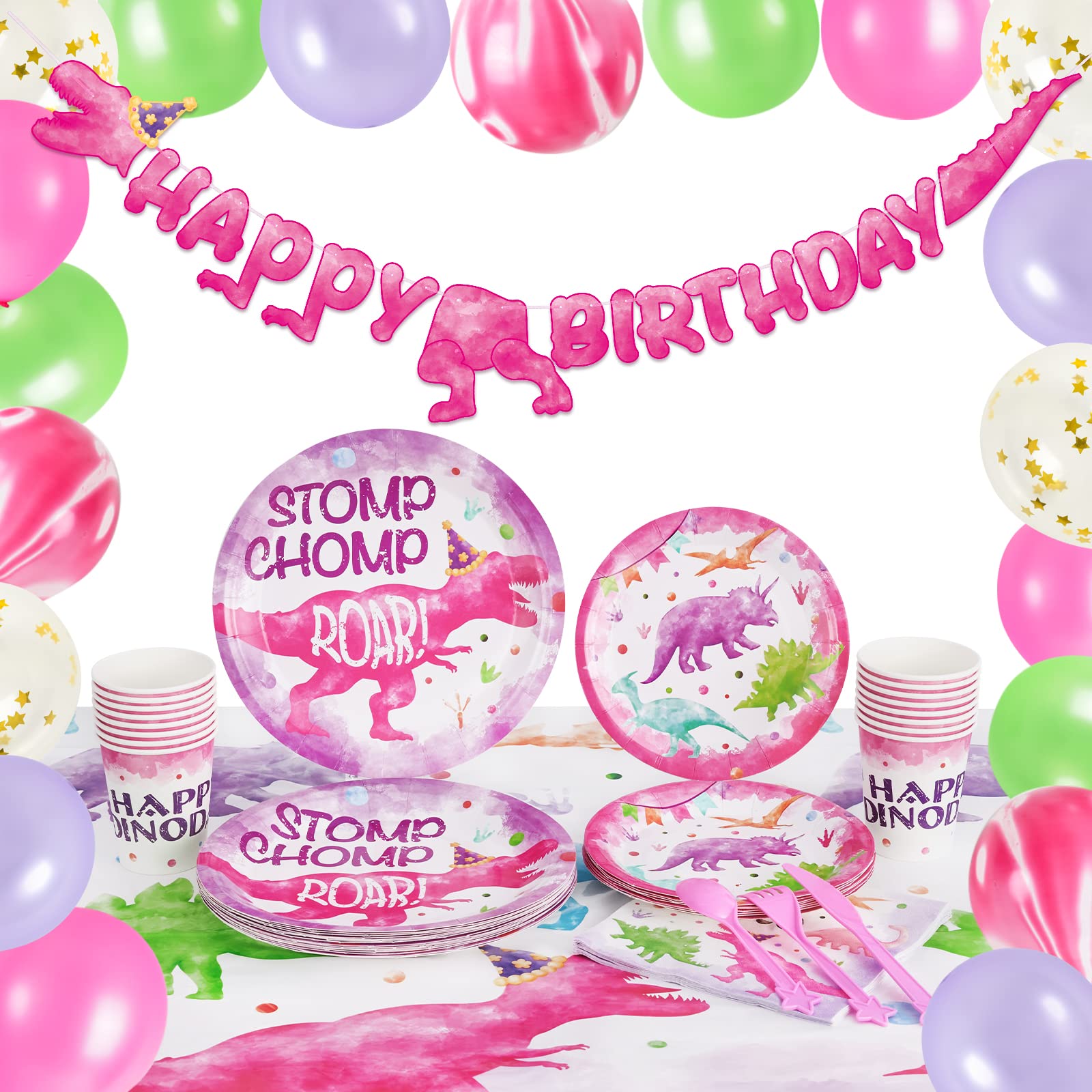 Dinosaur Party Supplies Set - 137 Pcs Watercolor Dinosaur Birthday Party Decoration For Girls Kids Party Banners Balloons Plates