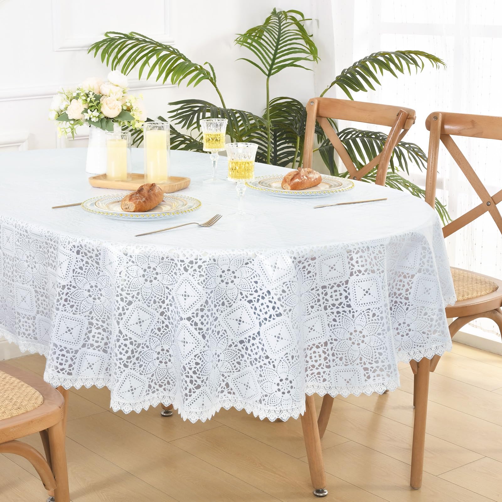 Likiyol White Vinyl Tablecloth, Oval Lace Tablecloth, Heavy Duty Vinyl Table Cloth, Stain-Resistant Wipeable Table Protector For