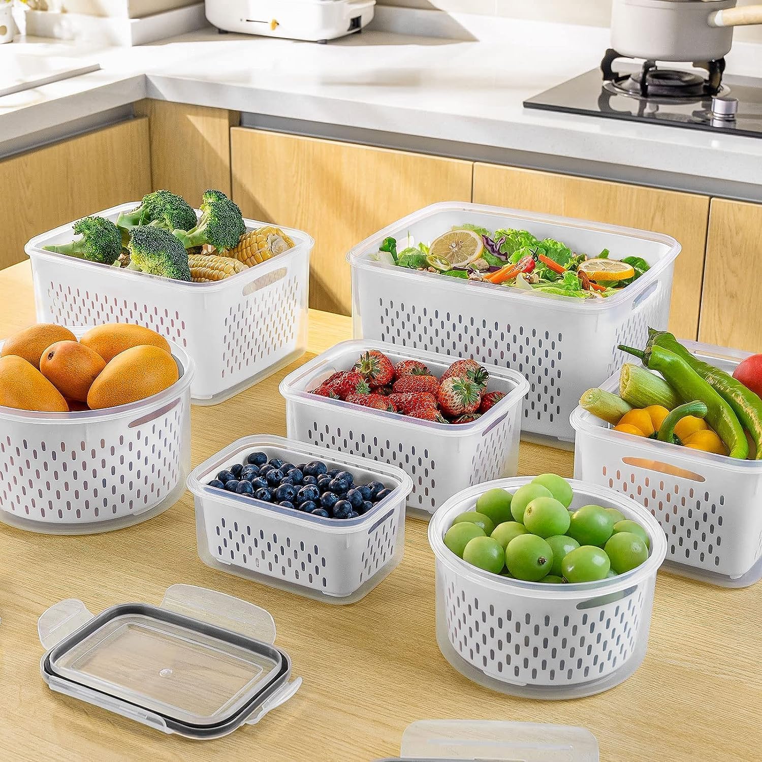 5 PCS Large Fruit Containers for Fridge - Leakproof Food Storage Containers with Removable Colander - Dishwasher & microwave safe Produce Containers Keep Fruits  Vegetables  Berry  Meat Fresh longer