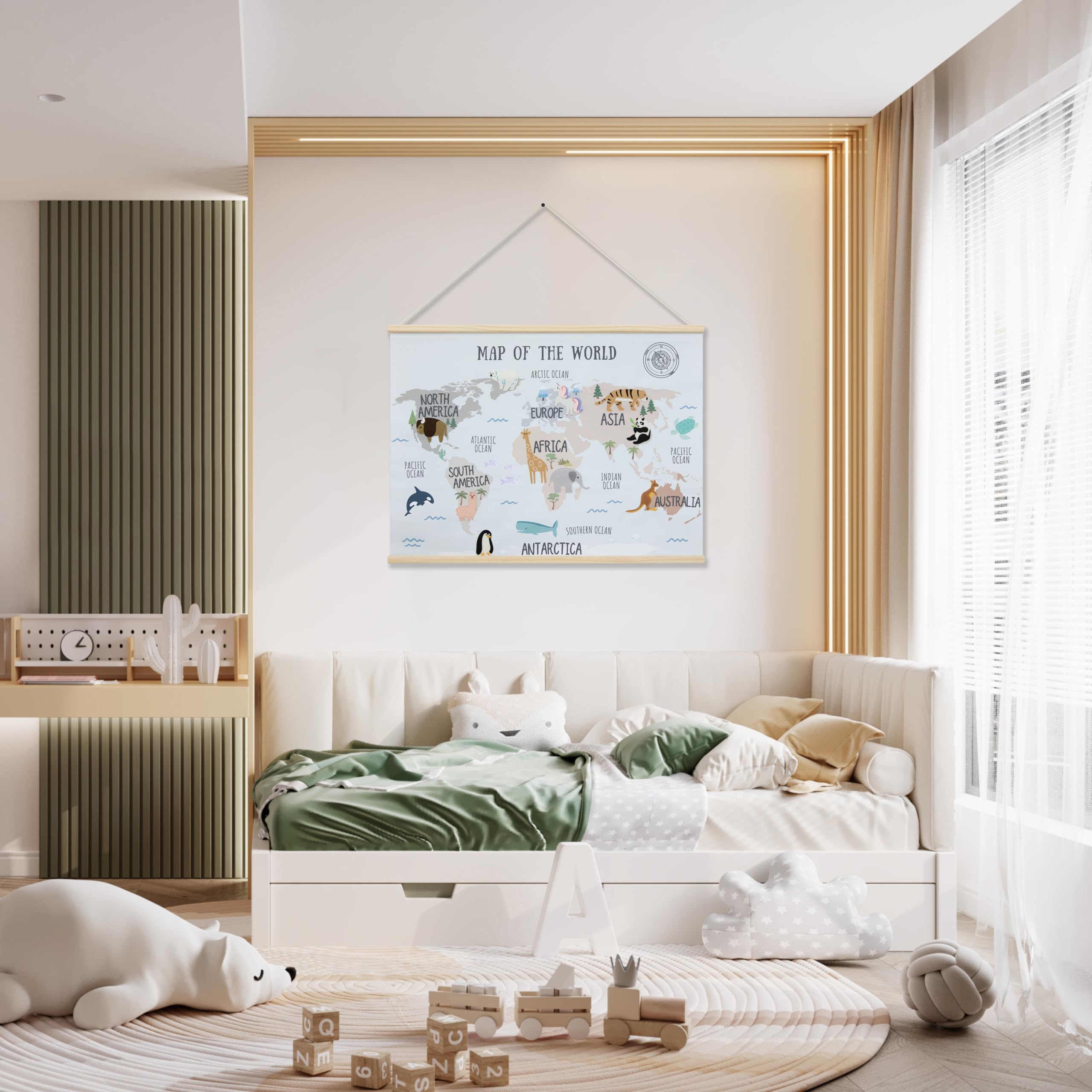 Bon Et Beau 32 X 24 Inch Embroidered World Map Poster For Kids With Wood Hanger - Neutral Wall D  Cor For Boys And Girls Nursery