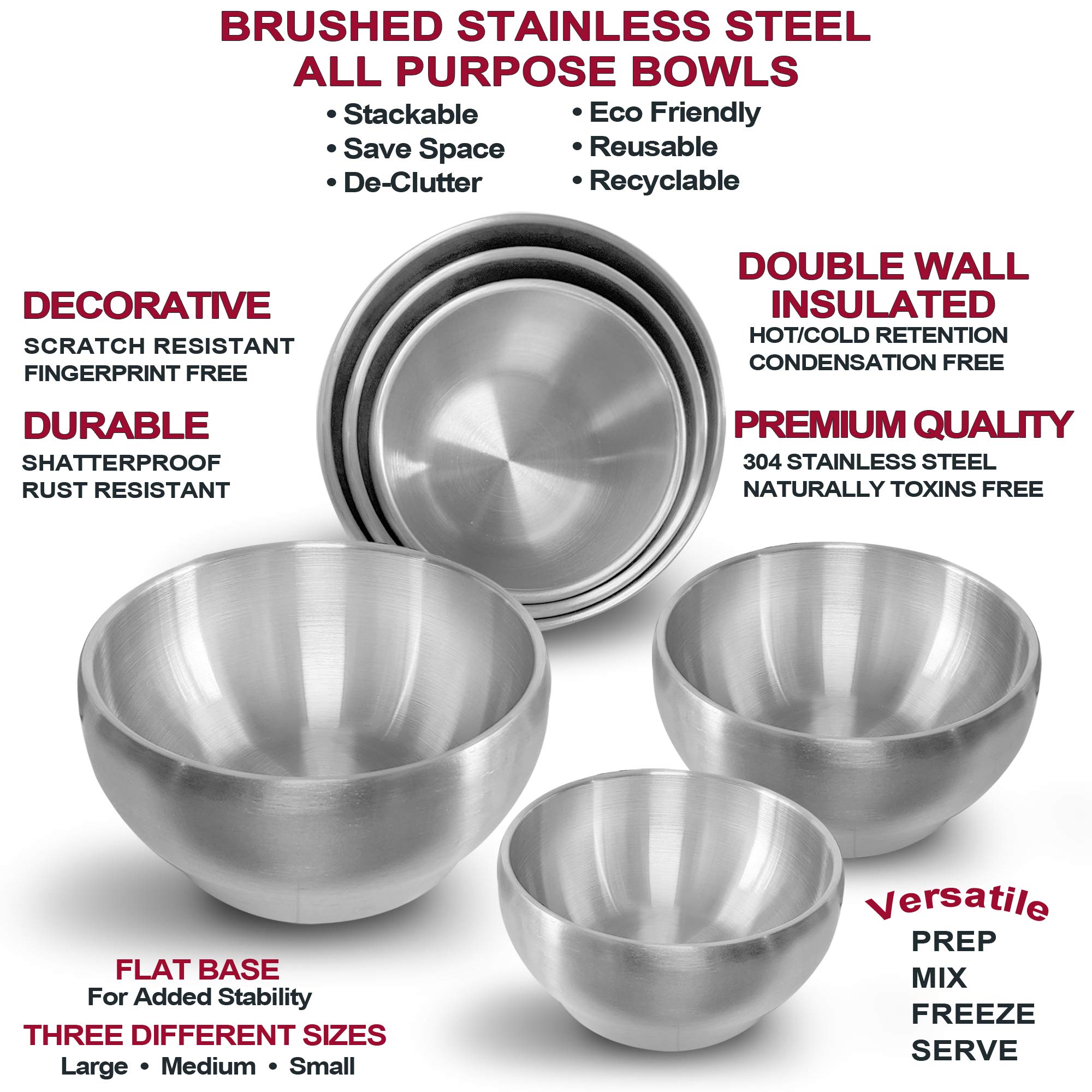 Heavy Duty Heat Insulated Brushed Stainless Steel Serving Bowls, Sus 304, Multipurpose, 4 Pack, Small (15 Oz)